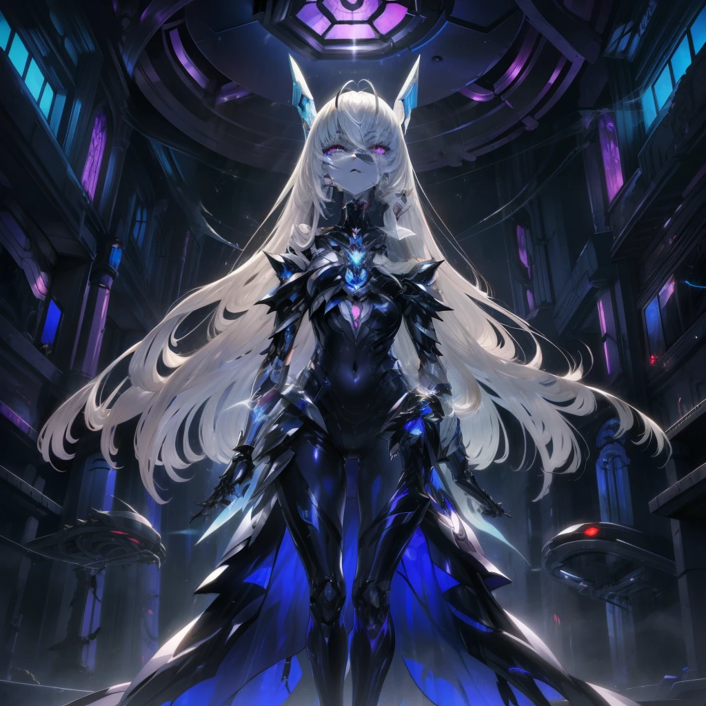 Woman wrapped in transparent body tights. Fusion with Mechanical Monsters. Sharp eyes. Yanderes Mile. turret. Silver hair. White skin. Long hair. insectoid legs. sharp claws. dark mansion. futuristic laboratory.