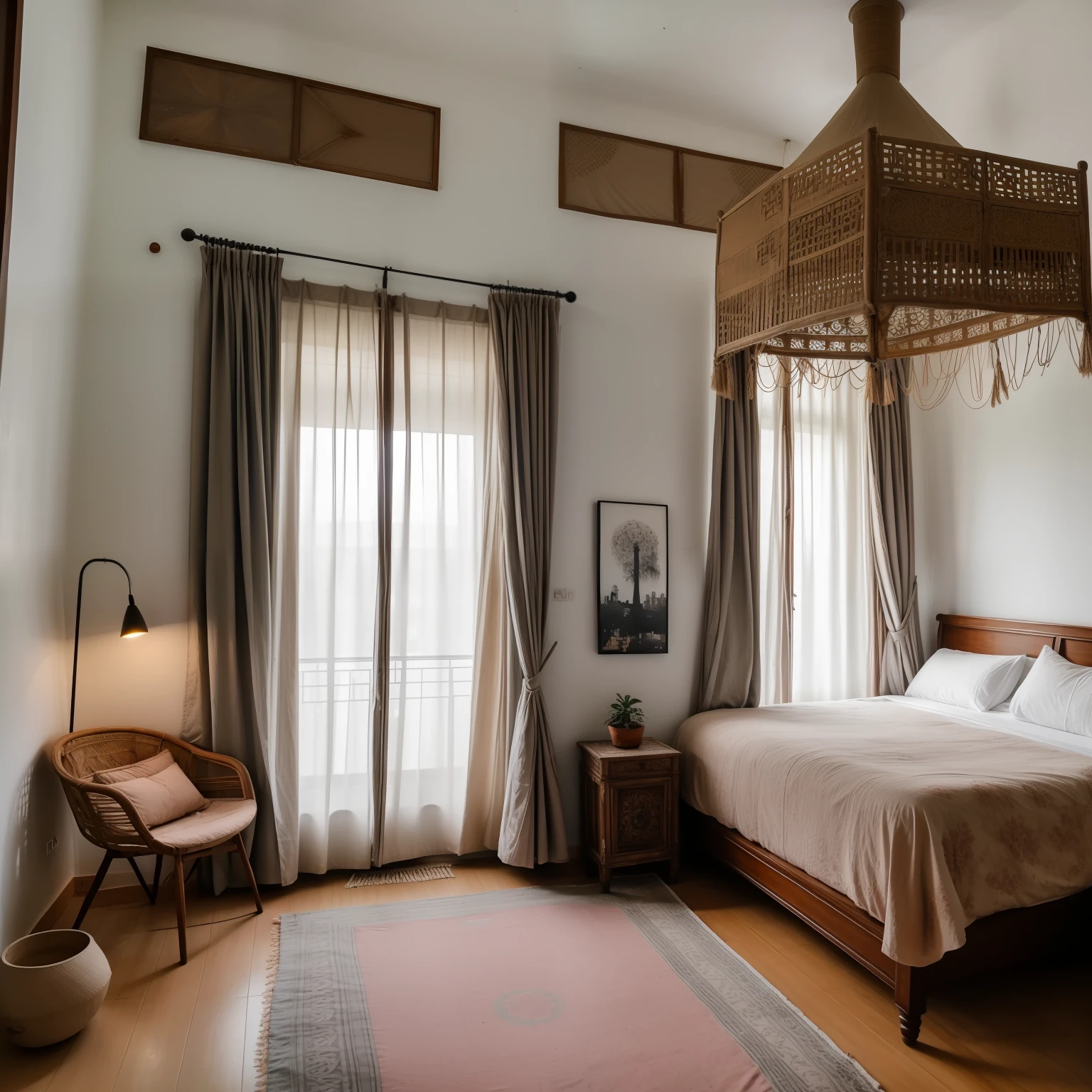 ultra realistic, masterpiece, best quality, raw photo, bedroom, in hanoi, boho style, architectural photography