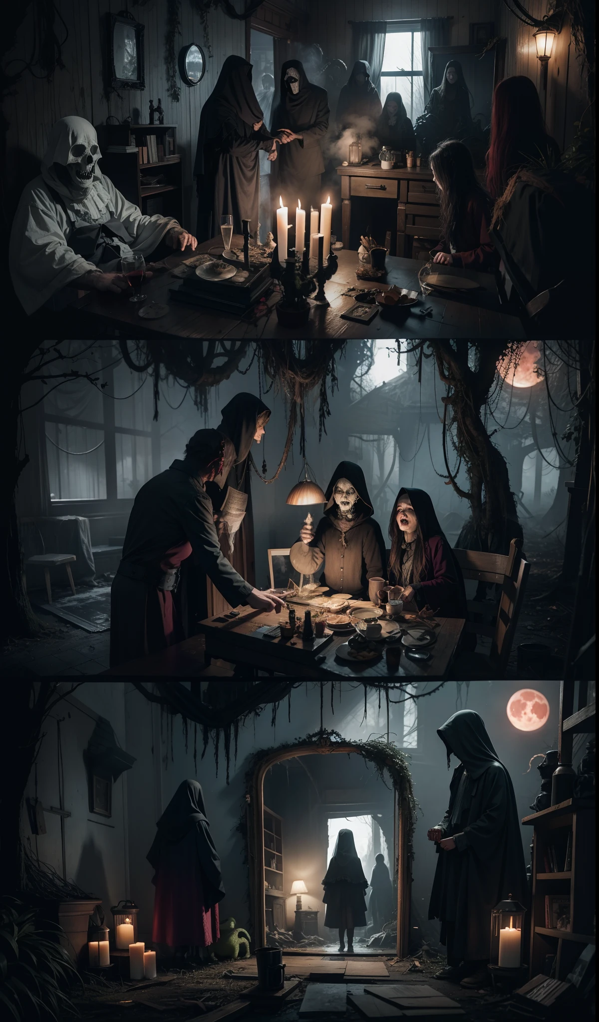 Haunted House,Eerie Forest,Ghostly Encounter,Abandoned Asylum,Creepy Doll,Sinister Shadows,Demonic Possession,Haunted Dollhouse,Cursed Mirror,Grim Reaper,Poltergeist Activity,Zombie Apocalypse,Ghastly Graveyard,,Malevolent Spirits,Blood Moon,Horror, spooky, frightening, secret terror, tentacles, vines, eyes, uncanny valley effect teeth, limbs, animals, plants,