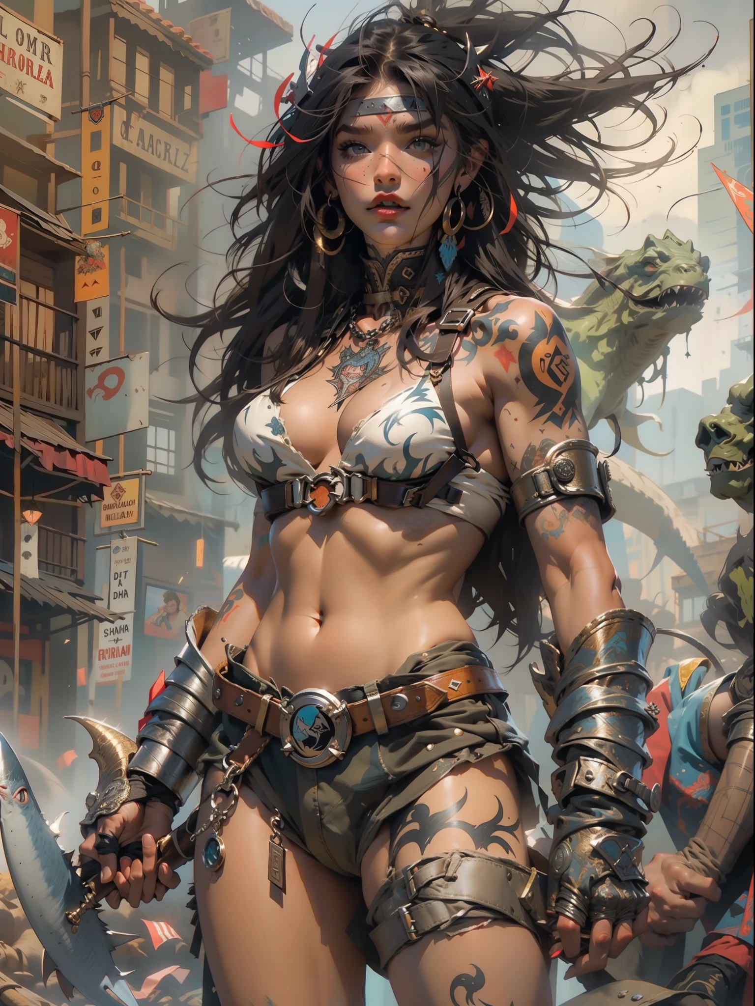 (((mulher))), (((melhor qualidade))), (((obra prima))), (((adulta))), Uma guerreira mulher de 35 anos com corpo perfeito, Brooklyn Gladiators, (( under boobs )), quase nua no estilo selvagem urbano de Simon Bisley para a capa da revista Heavy Metal, cabelo loiro, Minimum clothing, P40 tomahawk shark mouth graphics, armadura, cheio de pontas e rebites, tatuagem tribal, (((do joelho pra cima))), cabelo desalinhado