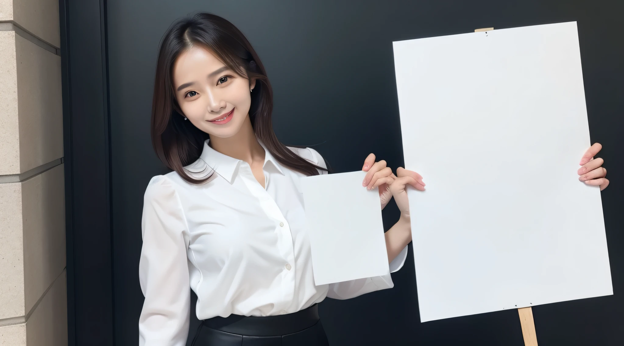 a woman,(solo:1.5) smile, medium breast, dynamic pose, model pose, white blouse, black pencil skirt,Holding_Sign, large signboard