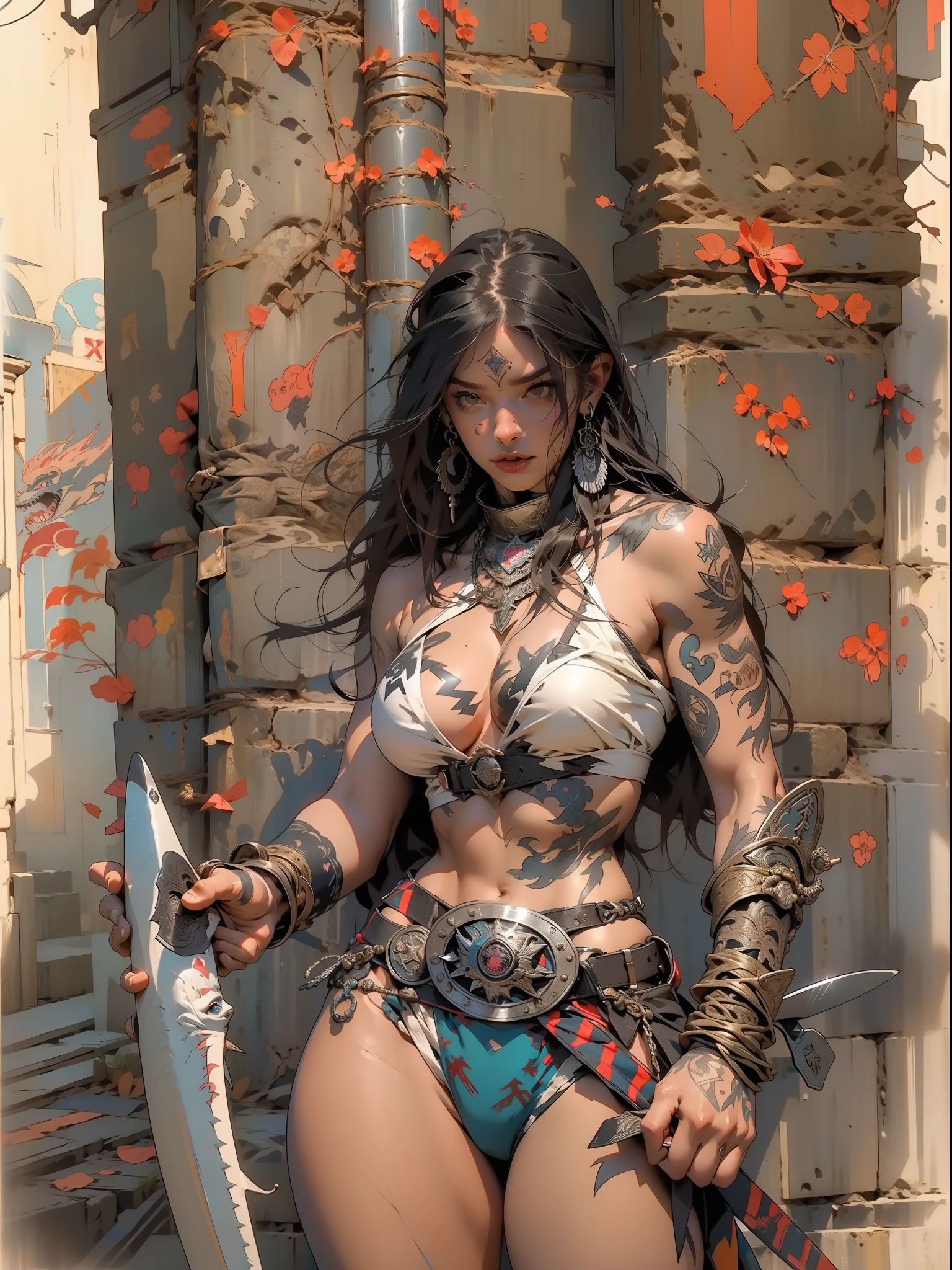 (((mulher))), (((melhor qualidade))), (((obra prima))), (((adulta))), Uma guerreira mulher de 35 anos com corpo perfeito, Brooklyn Gladiators, (( under boobs )), quase nua no estilo selvagem urbano de Simon Bisley para a capa da revista Heavy Metal, cabelo loiro, Minimum clothing, P40 tomahawk shark mouth graphics, armadura, cheio de pontas e rebites, tatuagem tribal, (((do joelho pra cima))), cabelo desalinhado
