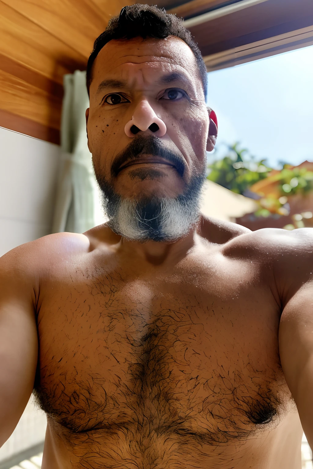 guttonerdvision10, (homem de 55 anos, de barba grisalha: 1.5), closeup de corpo inteiro, muito peludo, Muscle, usando apenas jockstrap branco, mostrando axila, pose sexy, (sem camisa: 1.8), looking-into-camera, (trabalho ao ar livre: 1.5), ultrarrealista, premiado vencedor, studio dark, rim lighting, dual-tone lighting, mal iluminado, discreto, hiper detalhado, render octano, motor irreal 5, monocromatic, obra-prima, melhor qualidade, detalhes intrincados,  MelhorMachoCorpo