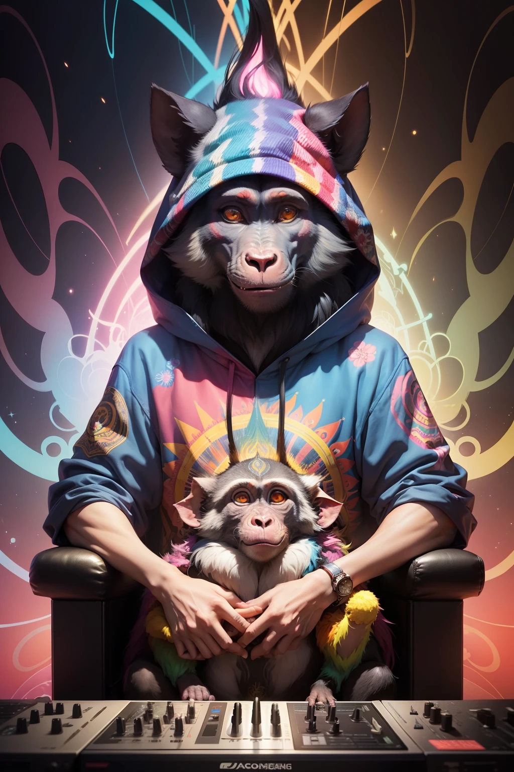 Explore the unique energy and laid-back attitude of a baboon in this detailed and vibrant manga image. With its lush coat adorned by vibrant colors and psychedelic patterns, This primate radiates freedom of expression and a deep search for connection with nature. His bright, focused eyes reveal a passion for music and the art of entertaining. The rays of multicolored lights emanating from your mixing equipment create a magical and enveloping aura around you. Sinta-se inspirado(a) to capture the essence of this psychedelic portrait, conveying a message of unity and harmony through its visual interpretation, as you let yourself be carried away by the contagious energy of this primate DJ and his relentless search for connection with music and nature