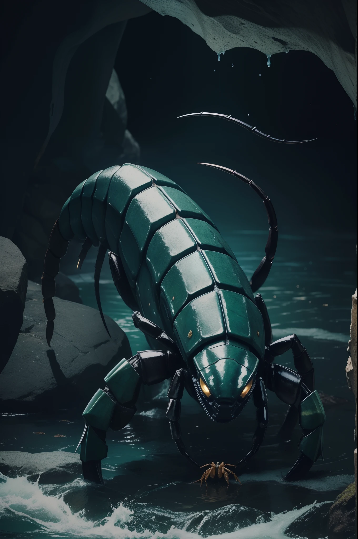 beast, huge scorpion in water, dark blue-green body, has scorpion's tail, scorpion's pliers