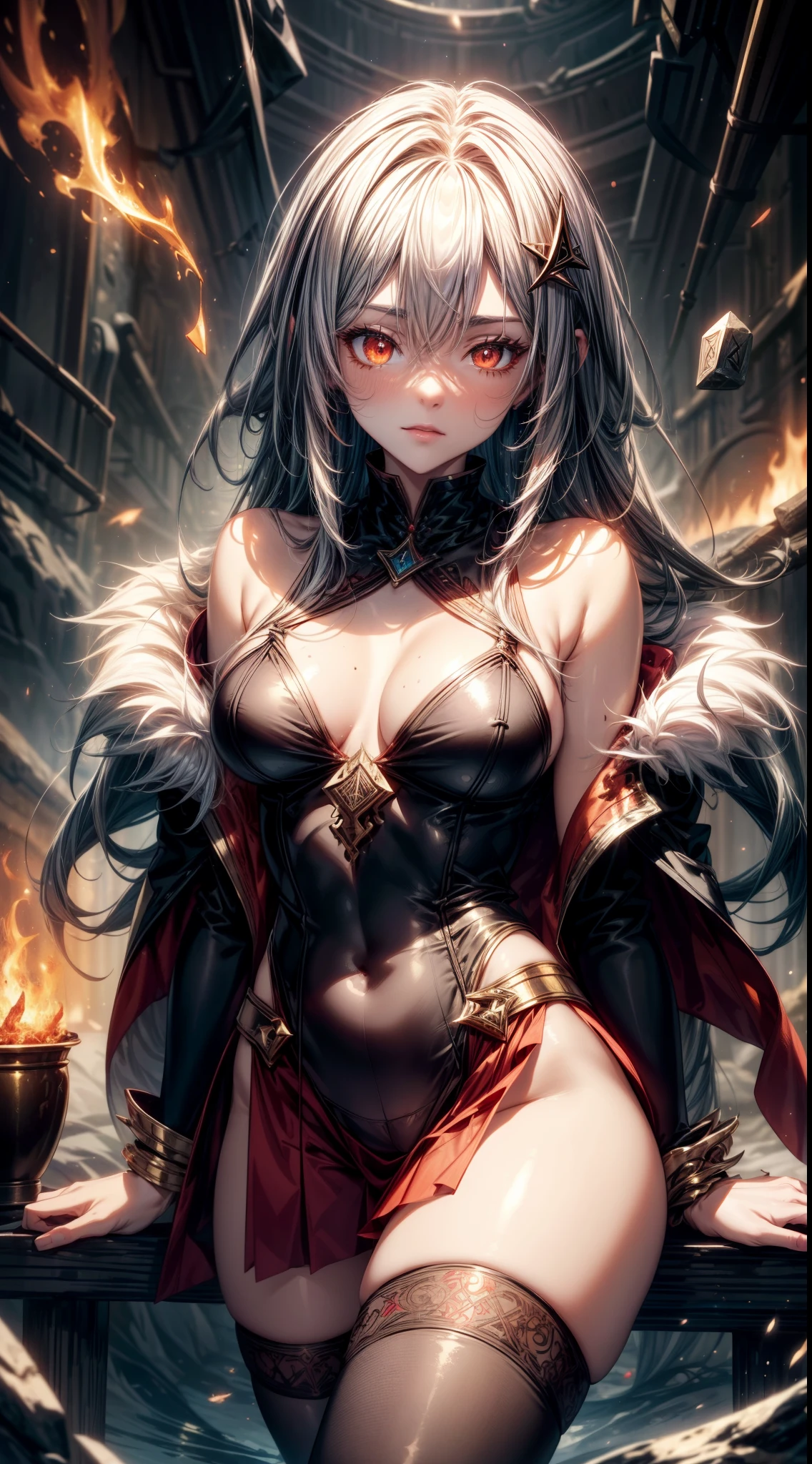 silver goddess in flame-red pleated skinny cloth with golden lines accents, long sleeves, fireball, satin, fur, (stockings), decollete, natural , slim body, ((rune lines on skin)), zettai ryouiki, medium length hair with golden red strands, beautiful detailed bright fire eyes, portrait, most realistic, highest quality, best quality, Detailed,Realistic, 4k highly detailed digital art, octane render, bioluminescent, (cool_color), best pixels, 8k ultra