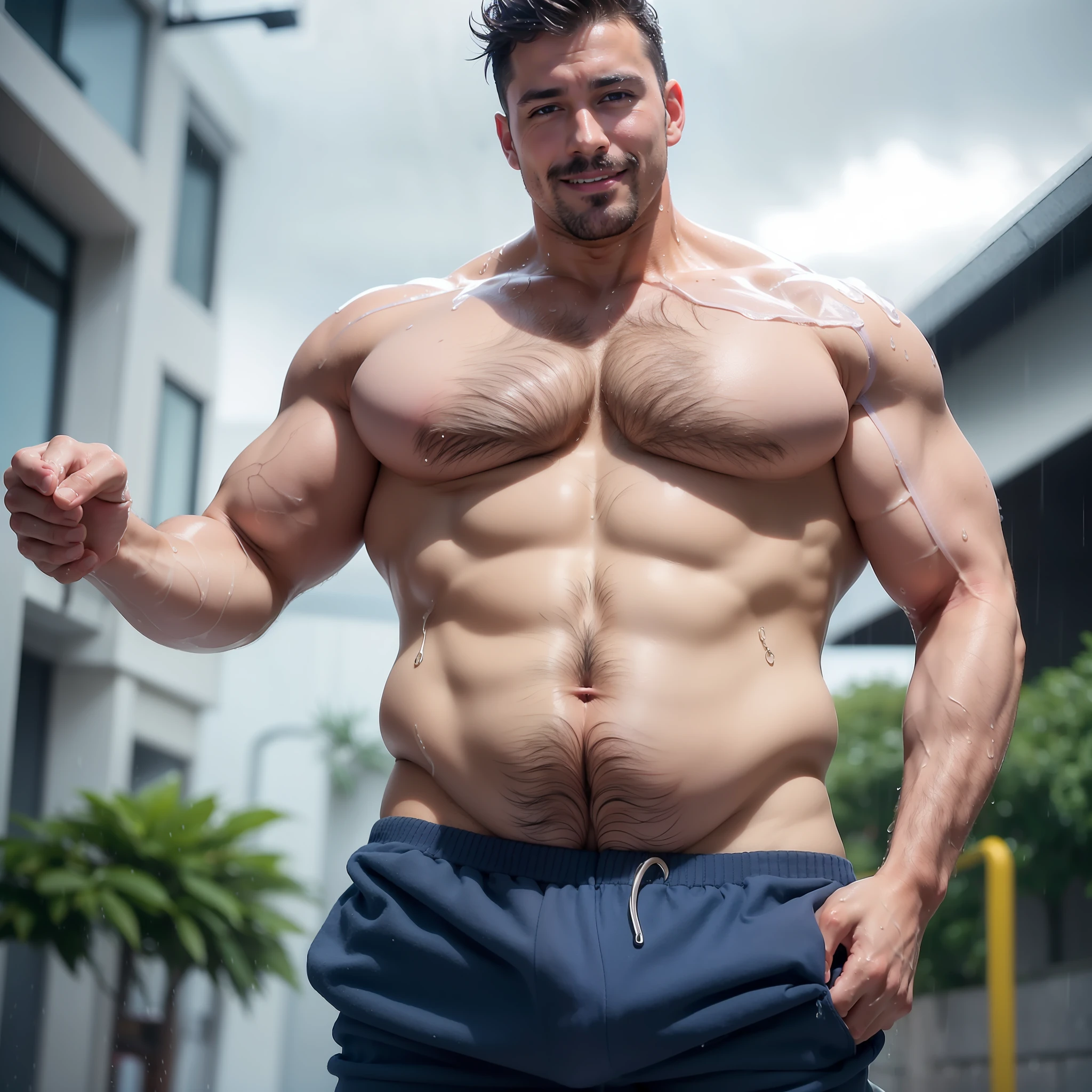 photograph-like, rainy street, pouring rain A smiling man, nicely shaved, nice moustache, shirtless and wearing only a pair of semitransparent and wet fleshcolour briefs, facing the sky to show his enjoyment, body of medium physique, wet body full of sweat and rain, confidently poses with one hand touching his heavy wet chest hair and heavy belly wool and heavy and the other hand teasingly caressing and grabbing and poking at the amazing prominent bulge to almost hard-on erecthe huge beneath his boxers that almost reaches his belly button, his v on the abs and arms clearly seen