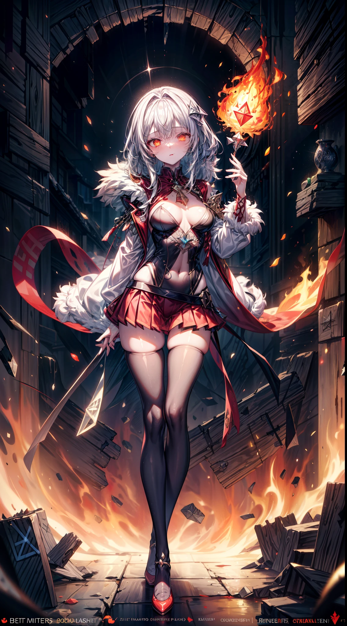 silver goddess in flame-red pleated skinny cloth with golden lines accents, long sleeves, fireball, satin, fur, (stockings), decollete, natural breasts, slim body, ((rune lines on skin)), zettai ryouiki, medium length hair with golden red strands, beautiful detailed bright fire eyes, portrait, most realistic, highest quality, best quality, Detailed,Realistic, 4k highly detailed digital art, octane render, bioluminescent, (cool_color), best pixels, 8k ultra