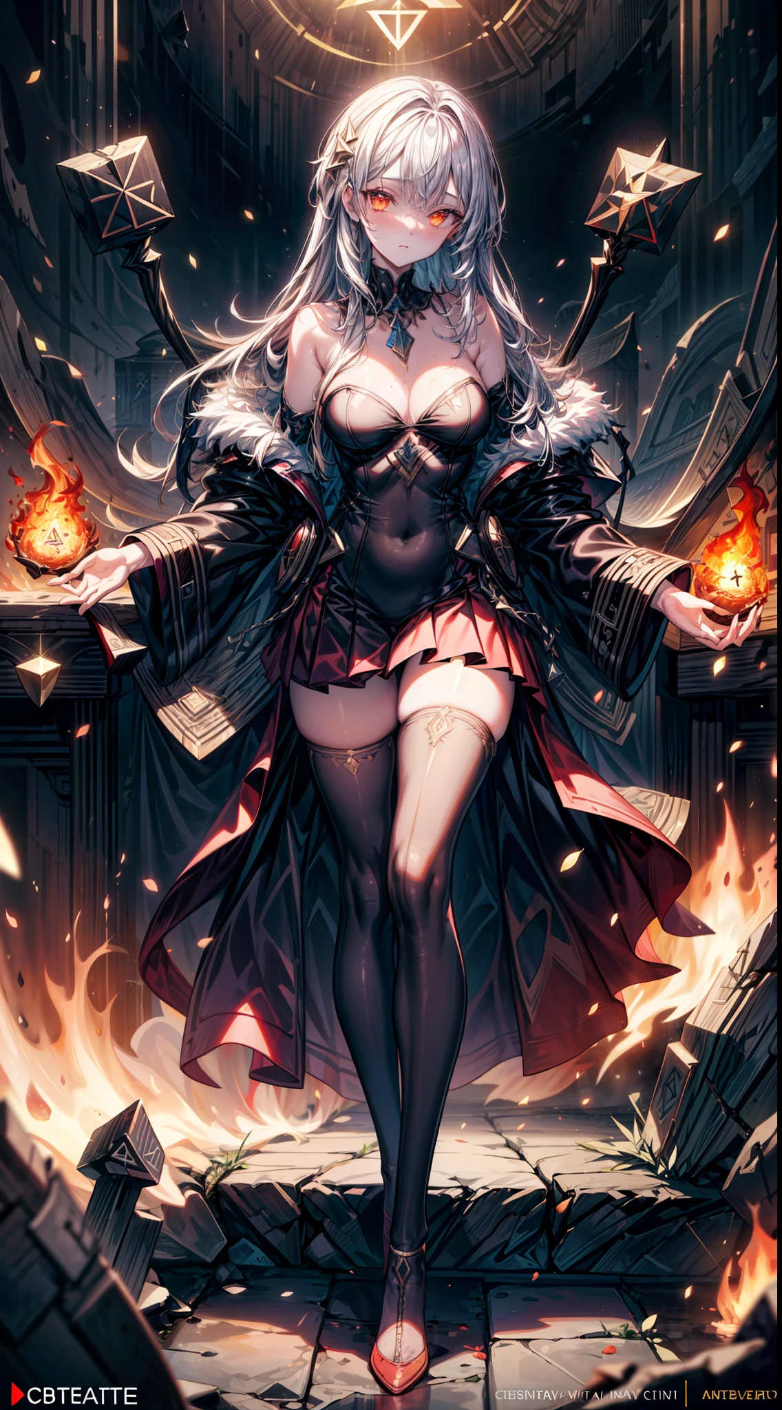 silver goddess in flame-red pleated skinny cloth with golden lines accents, long sleeves, fireball, satin, fur, (stockings), decollete, natural breasts, slim body, ((rune lines on skin)), zettai ryouiki, medium length hair with golden red strands, beautiful detailed bright fire eyes, portrait, most realistic, highest quality, best quality, Detailed,Realistic, 4k highly detailed digital art, octane render, bioluminescent, (cool_color), best pixels, 8k ultra