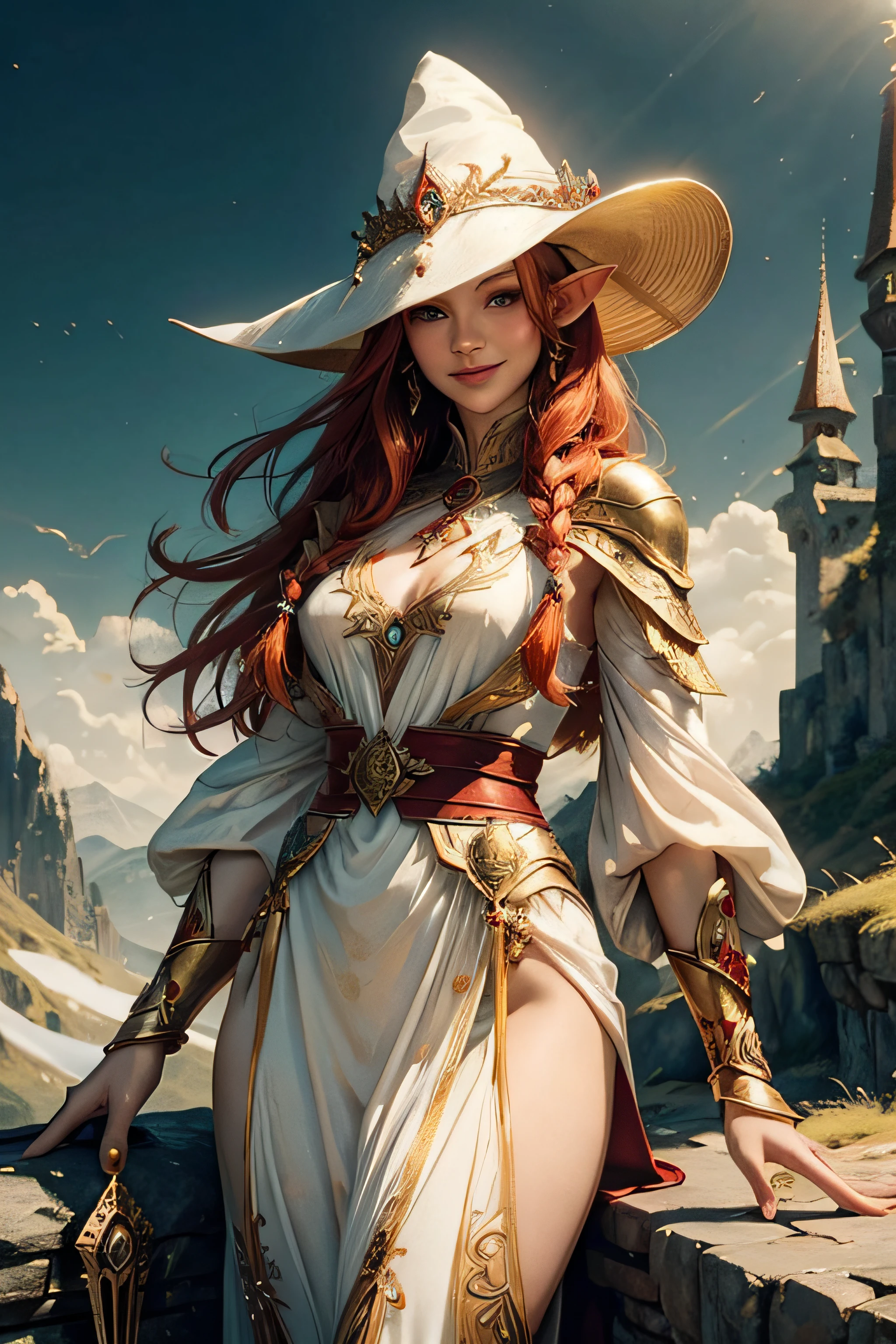 beautiful elf woman, charismatic, gently smile, she is a wizard, white and red clothes decorated with gold, waist-length portrait, sorcerer hat, ginger hair, standing, contrapposto, (masterpiece), intricate details, serene mountainscapes