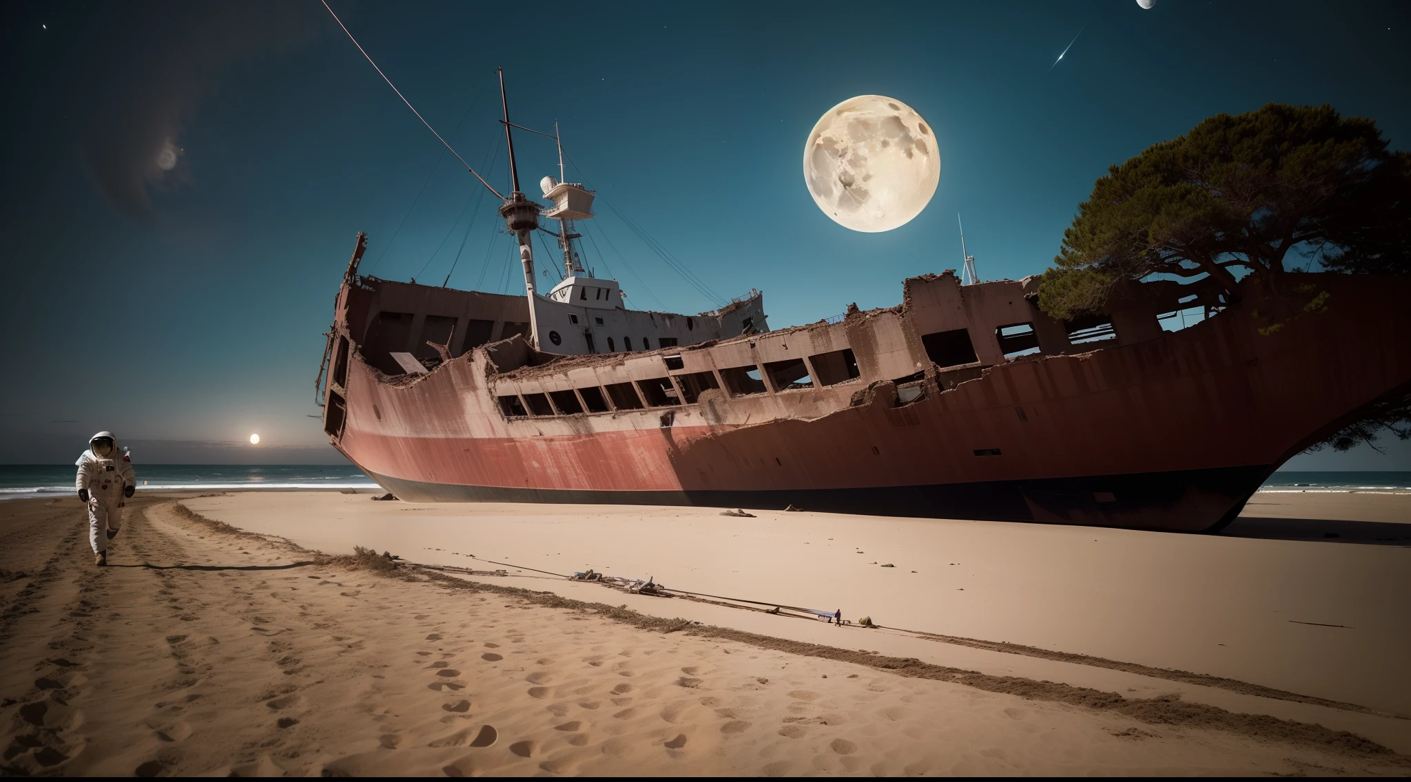 An astronaut in an intricate spacesuit is walking on a beach with a single yellow full moon behind him, Starless night sky, full moon, The ruins of a ship in the sand, Masterpiece, Wide viewing angle, Award-Standing, Best Quality.A big tree that stretches up to the sky