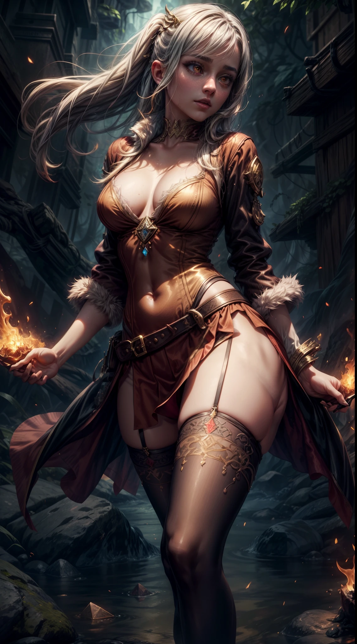 silver goddess in flame-red pleated skinny cloth with golden lines accents, long sleeves, fireball, satin, fur, (stockings), decollete, natural breasts, slim body, ((rune lines on skin)), zettai ryouiki, medium length hair with golden red strands, beautiful detailed bright fire eyes, portrait, most realistic, highest quality, best quality, Detailed,Realistic, 4k highly detailed digital art, octane render, bioluminescent, (cool_color), best pixels, 8k ultra