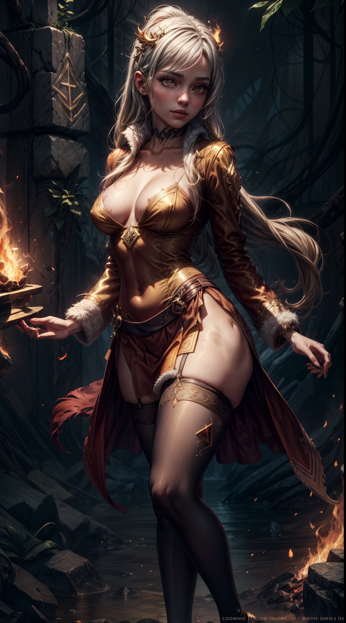 silver goddess in flame-red pleated skinny cloth with golden lines accents, long sleeves, fireball, satin, fur, (stockings), decollete, natural breasts, slim body, ((rune lines on skin)), zettai ryouiki, medium length hair with golden red strands, beautiful detailed bright fire eyes, portrait, most realistic, highest quality, best quality, Detailed,Realistic, 4k highly detailed digital art, octane render, bioluminescent, (cool_color), best pixels, 8k ultra