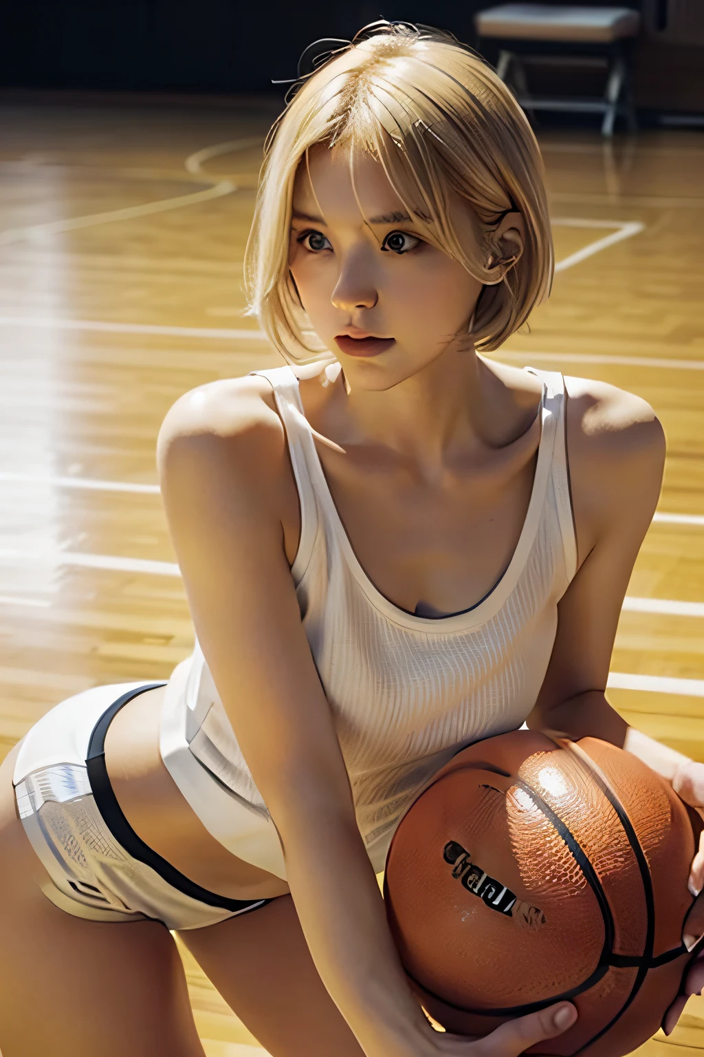 one-girl,with sexy look,bshoulders,beautiful pupil,blond hairbl,short detailed hair,Low-key cold light,basketball ball,Tight short top,dampness,On the basketball court,