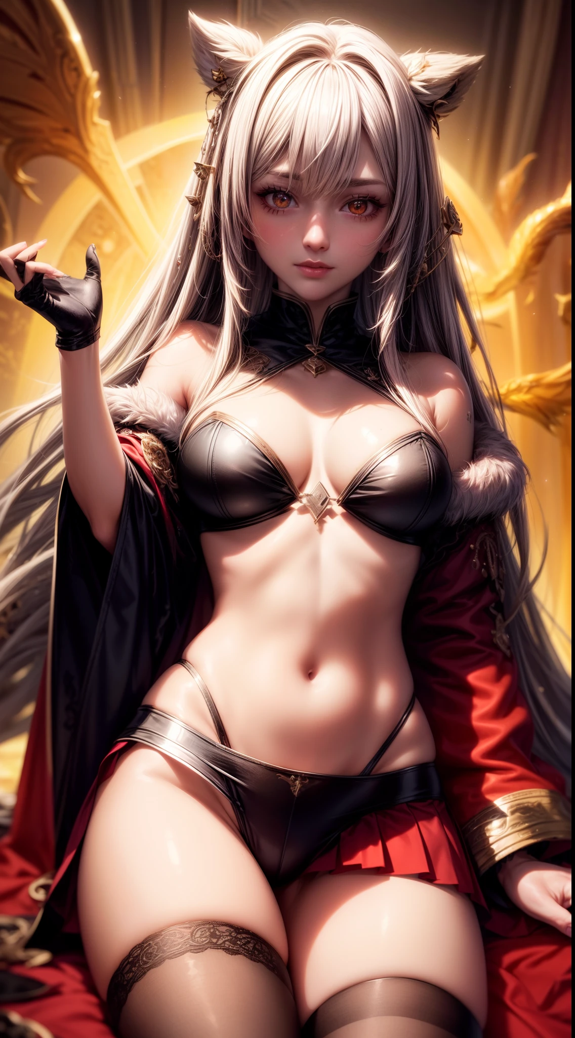 silver goddess in flame-red pleated skinny cloth with golden lines accents, long sleeves, fireball, satin, fur, (stockings), decollete, natural breasts, slim body, ((rune lines on skin)), zettai ryouiki, medium length hair with golden red strands, beautiful detailed bright fire eyes, portrait, most realistic, highest quality, best quality, Detailed,Realistic, 4k highly detailed digital art, octane render, bioluminescent, (cool_color), best pixels, 8k ultra