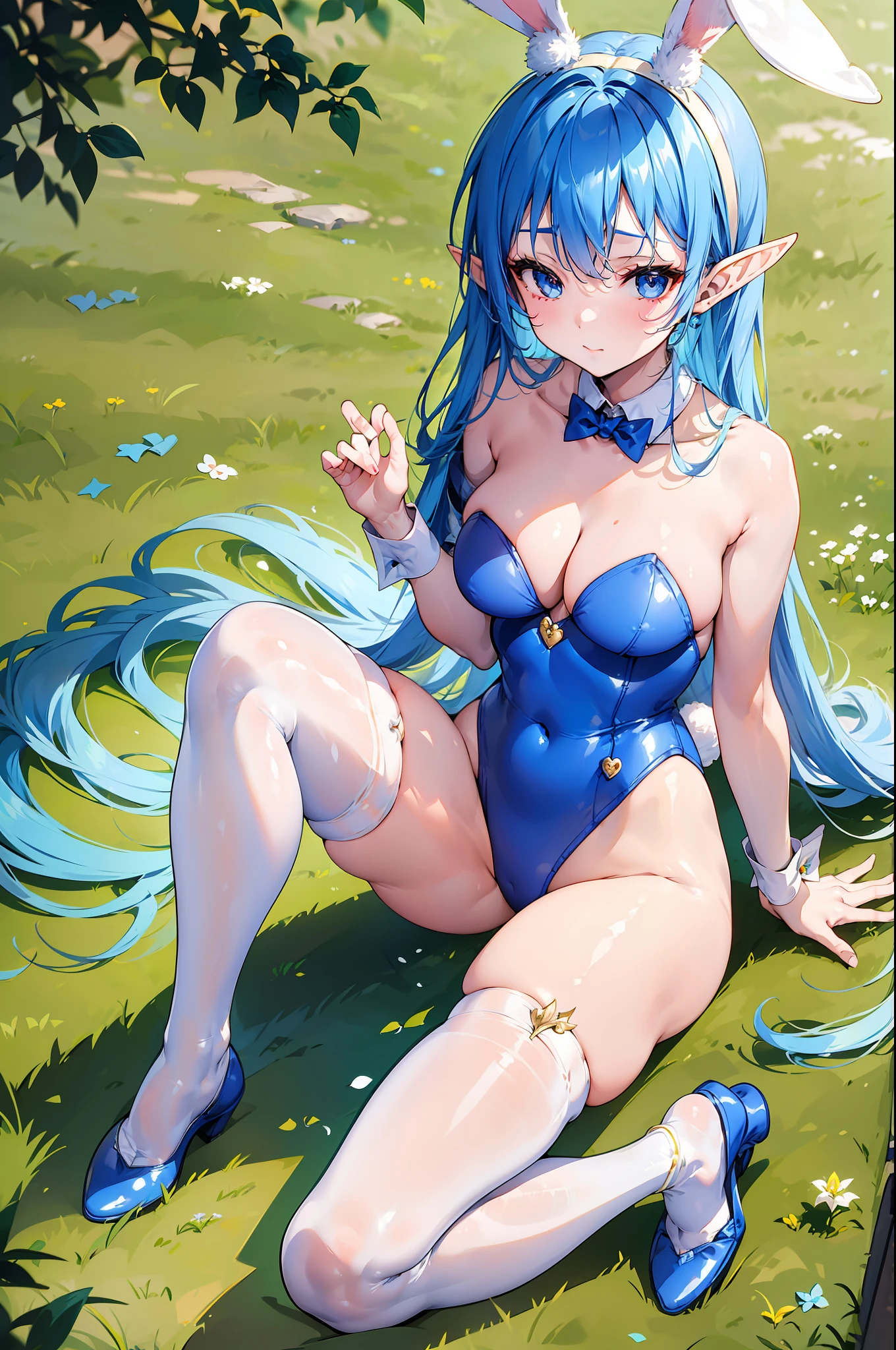 woman with blue hair, ((elf ears)), blush, long hair, bunny outfit, white bunny ears headband, in nature, legs bent sitting on grass, detailed, masterpiece, ultra high quality