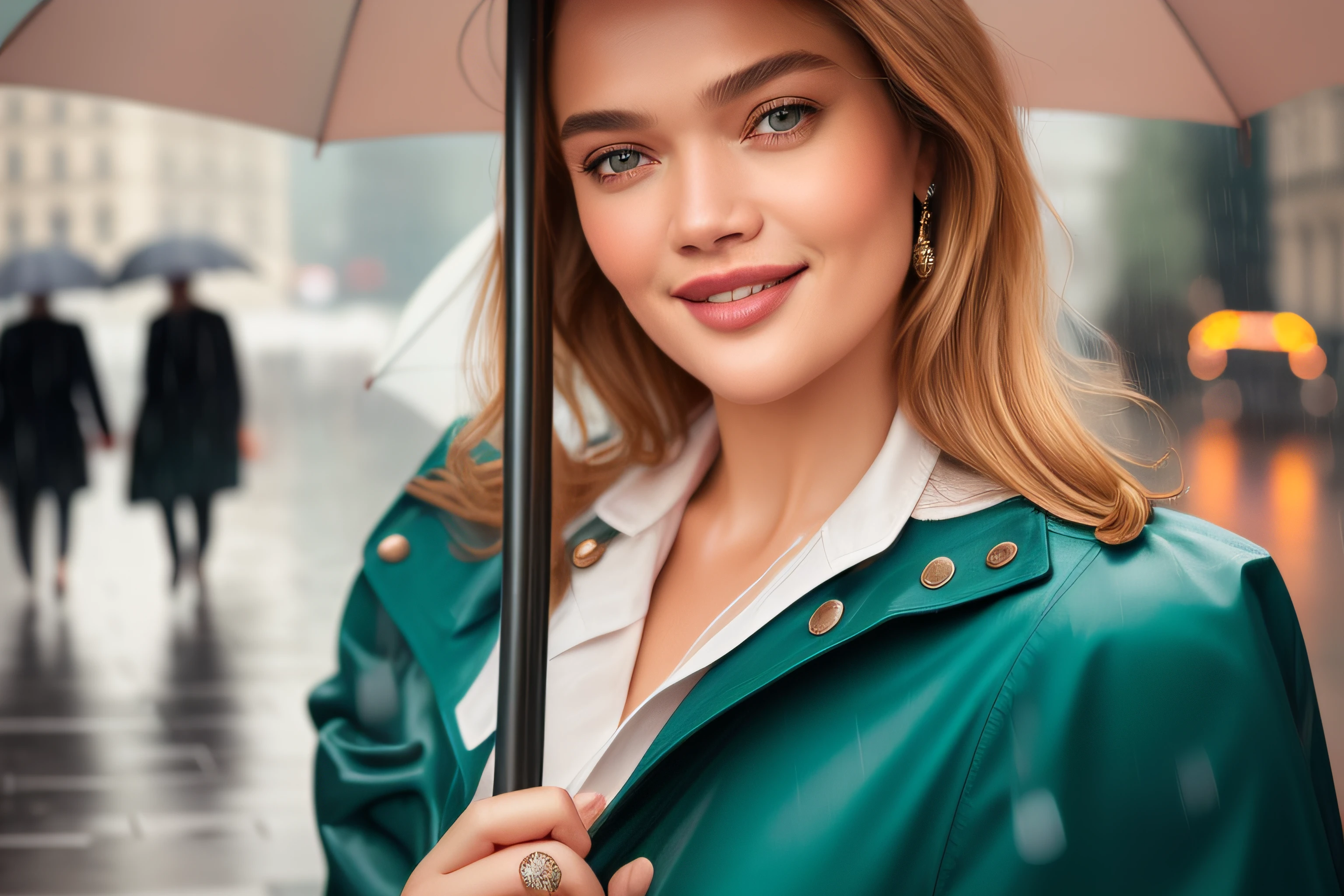 (beautiful smiling woman holding an umbrella in the rain) (Natalia Vodianova) (smiling) (city background), raining portrait, fanart, traditional art, by irakli nadar, rain!!!!, in the rain, under rain, summer rain, raining, summer, color portrait, an umbrella top, high quality portrait, photo portrait, rainy weather, high detail.