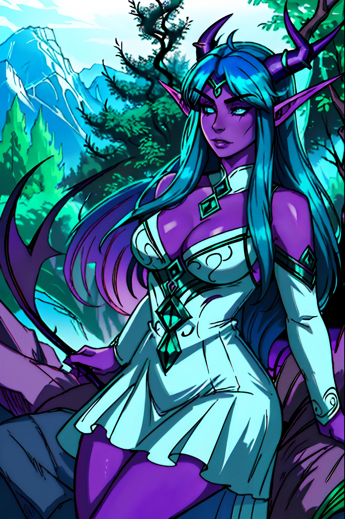 tyrande whisperwind, elegant elf woman, beautiful, high definition artwork, realistic, tiefling woman, 1girl, black dragon horns, black dragon tail, outdoors, nature, plants, demon horns, soft colours, soft colors, high detail, white revealing dress, high detailed face, beautiful face, master piece, best quality
