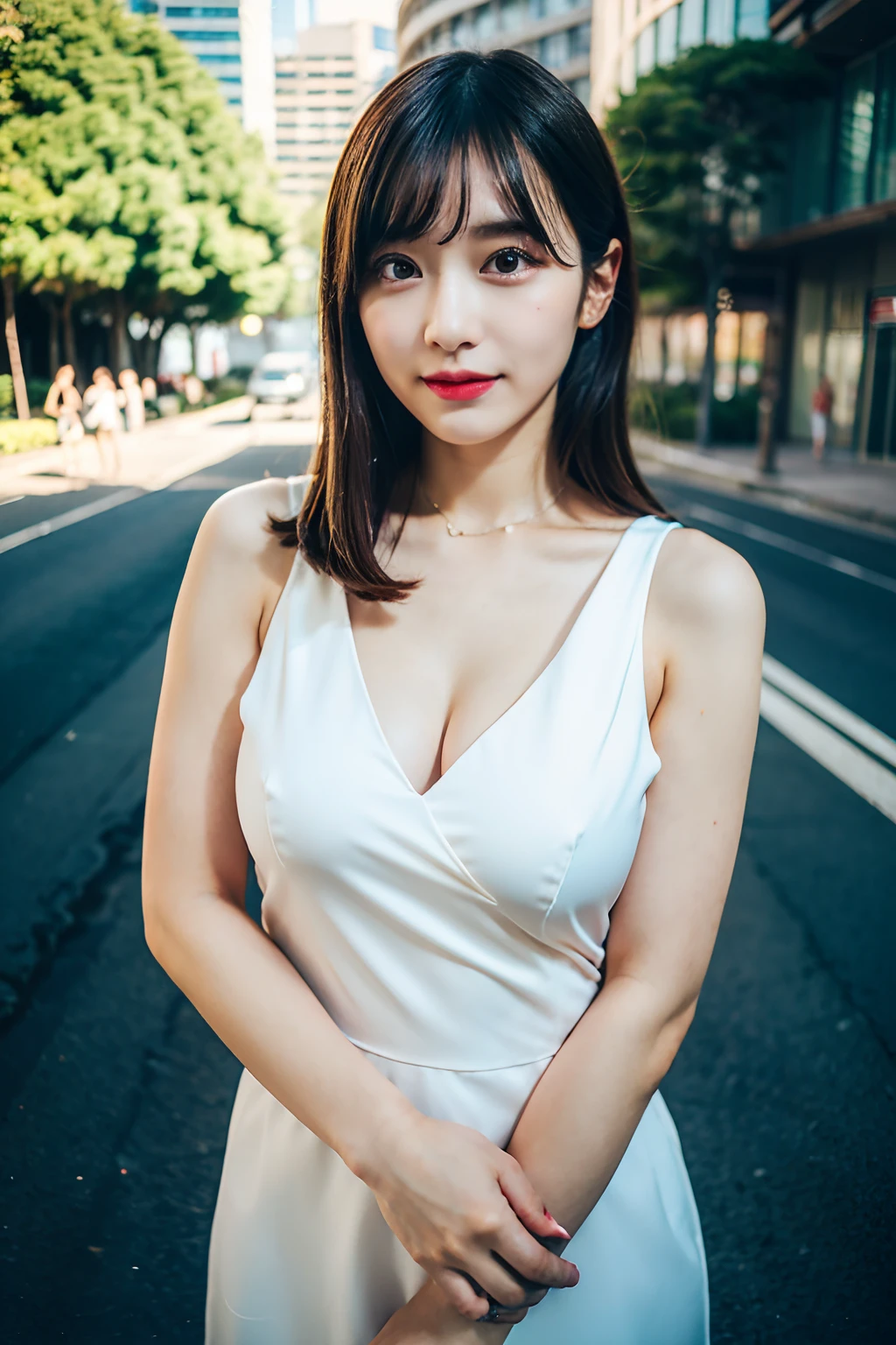 best quality ,masterpiece,ultra high res,(photo realistic:1.4), 1 girl, looking at viewer, very beautiful,kawaii, Cinematic, 35mm lens, f/ 1. 8, accent lighting, 8k, huge breast, big tits, slender waist, open chest dress, sheer
