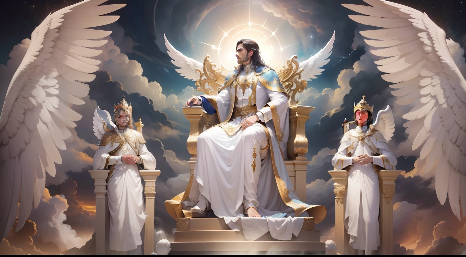 Deus um ser celestial com vestes brancas, num trono majestoso, cercado por anjos, perante ele o diabo, um ser asqueroso sombrio, repugnante, fundo da imagem reino celestial, Heavenly Regions, atmosfera anjelical