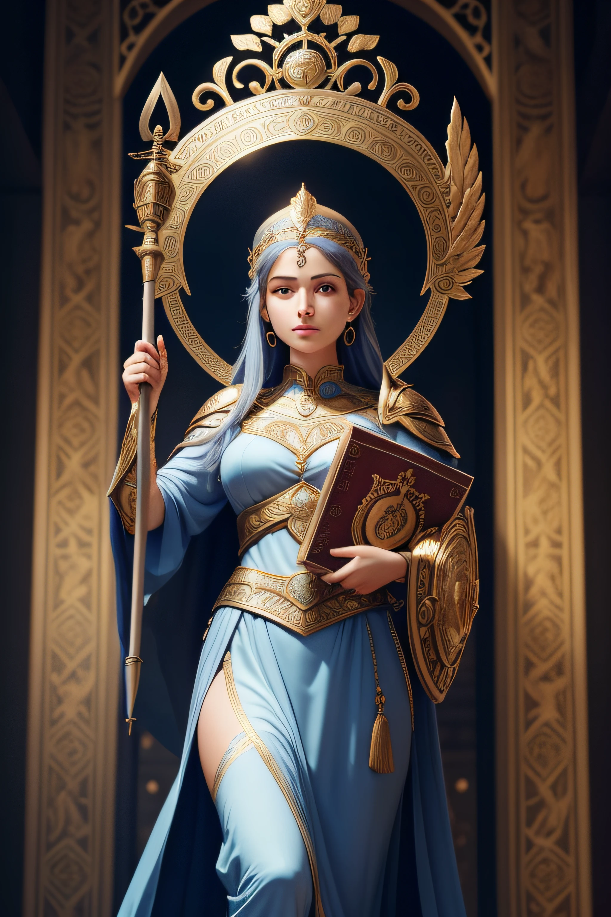 Visualize Athena, the Goddess of Wisdom, as a revered figure in "Heir of Wine and Flames." Portray her with an air of regal intellect and strategic insight. Imagine her standing amidst ancient tomes and scrolls, her piercing eyes reflecting the accumulated knowledge of the ages. She wears armor that symbolizes her role as a defender of justice. Depict her holding a staff of wisdom and a shield adorned with her iconic owl emblem. The background should be a library-like chamber, bathed in the soft glow of wisdom's light.
