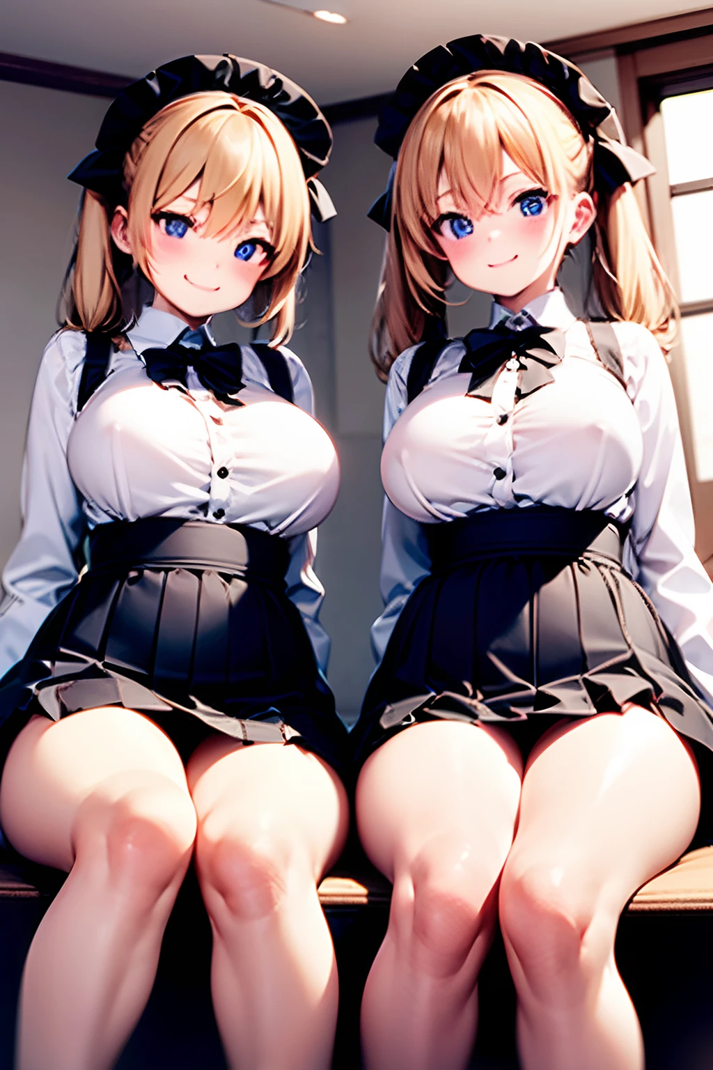 detaile、ultra-detailliert、masterpiece、top-quality、Luminard、(Colossal tits:1.3)、smirking face、emphasizing breasts、(a blond:1.2)、(Twin-tailed:1.unggirl、Elementary school girls、Colossal tits、younggirl、Elementary school girls、Lori young girl、Elementary school girls、hair clips、(Lori:1.2)、校服、Bruises and ugly face、ultra gigantic tits、Private rooms in hotels、(Sit on the bed:1.2)、malicious smile、(Looking from below:1.4)、looking-down、Looking from below、Being looked down upon by girls、Opens mouth and laughs、(Ridicule:1.1)、(white panties)、(Black long boots)、(Panchira)、see the beholder、(Two girls:1.4)、twinsies、sisterhood、Two Women