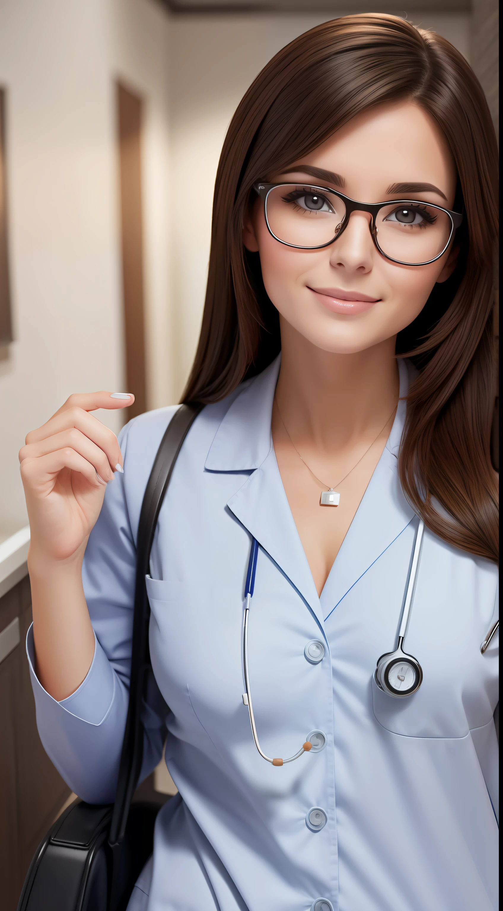 a bespectacled woman medical brunette