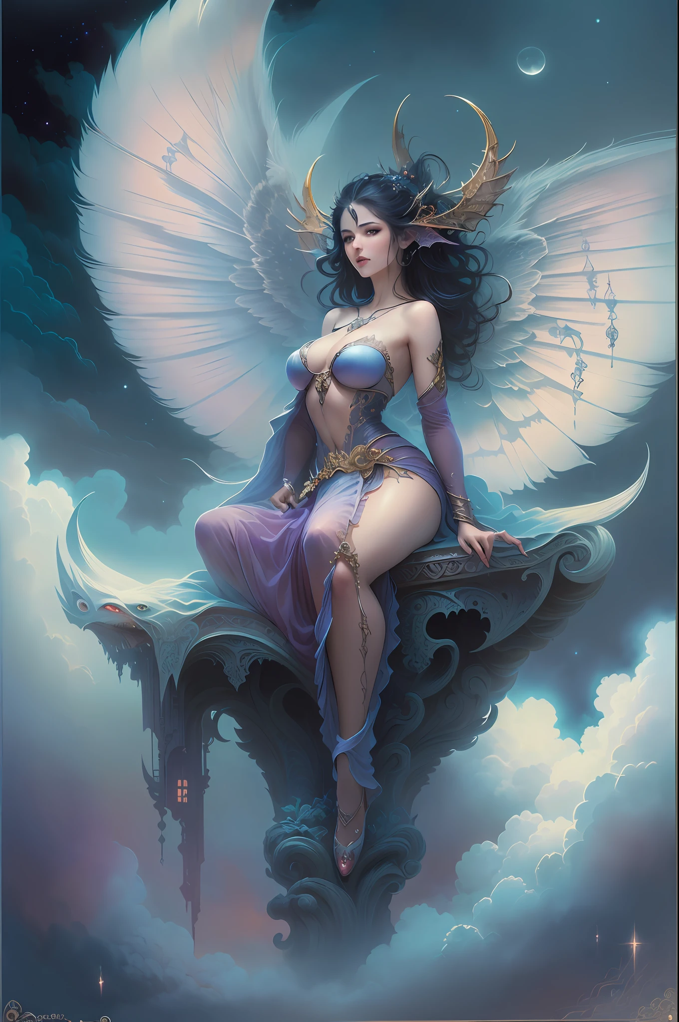 ((best quality)), ((masterpiece)), (detailed), alluring succubus, ethereal beauty, perched on a cloud, (fantasy illustration:1.3), enchanting gaze, captivating pose, delicate wings, otherworldly charm, mystical sky, (Luis Royo:1.2), (Yoshitaka Amano:1.1), moonlit night, soft colors, (detailed cloudscape:1.3), (high-resolution:1.2)