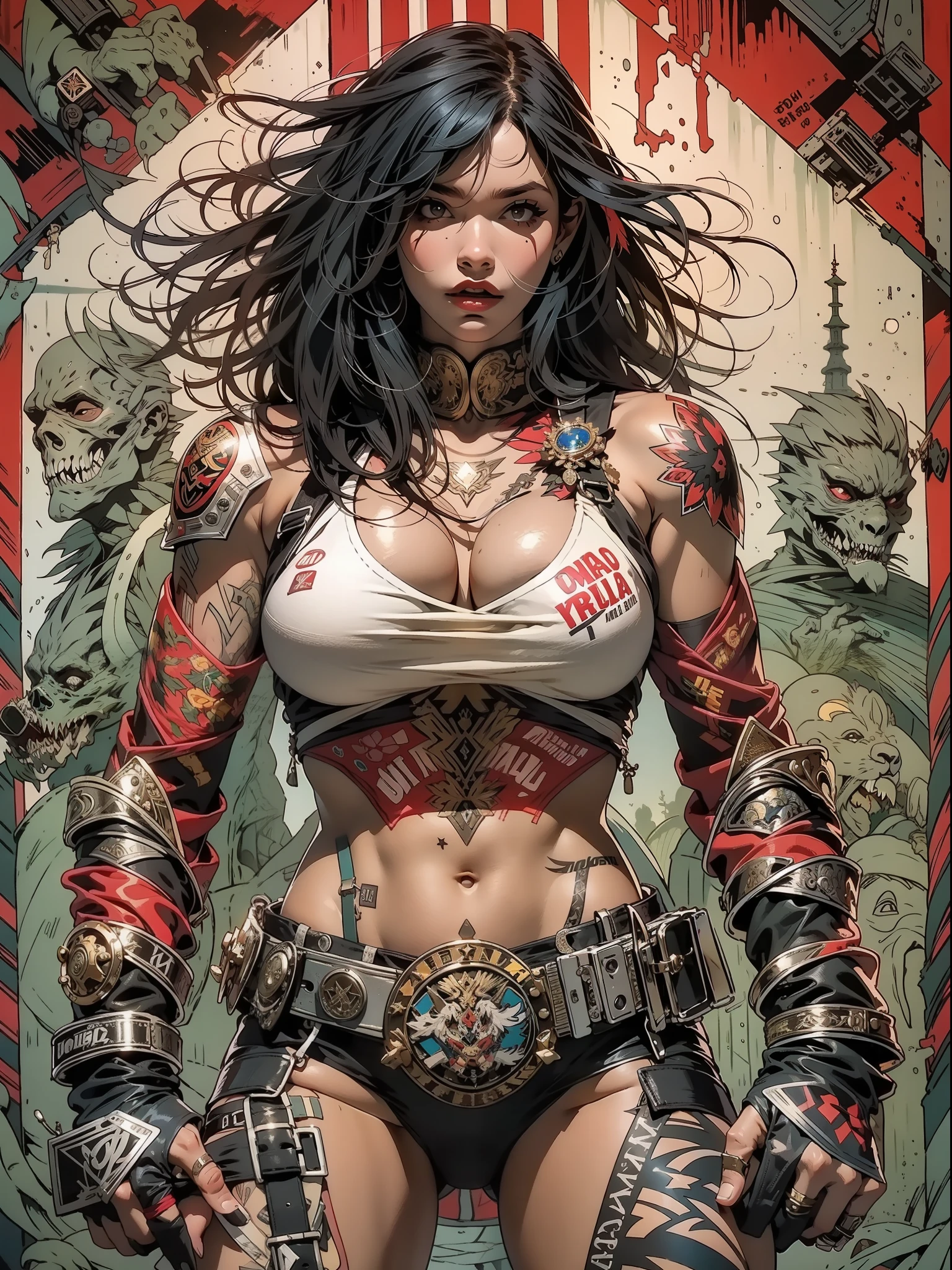 (((mulher))), (((melhor qualidade))), (((obra prima))), (((adulta))), Uma guerreira mulher de 35 anos com corpo perfeito, Brooklyn Gladiators, (( under boobs )), quase nua no estilo selvagem urbano de Simon Bisley para a capa da revista Heavy Metal, cabelo loiro, Minimum clothing, red and white checkered pattern, armadura, cheio de pontas e rebites, tatuagem tribal, (((do joelho pra cima))), cabelo desalinhado