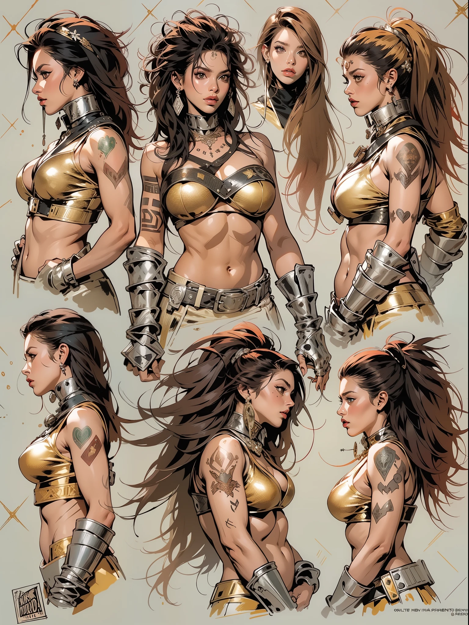 (((mulher))), (((melhor qualidade))), (((obra prima))), (((adulta))), Uma guerreira mulher de 35 anos com corpo perfeito, Brooklyn Gladiators, (( under boobs )), quase nua no estilo selvagem urbano de Simon Bisley para a capa da revista Heavy Metal, cabelo loiro, Minimum clothing, red and white checkered pattern, armadura, cheio de pontas e rebites, tatuagem tribal, (((do joelho pra cima))), cabelo desalinhado