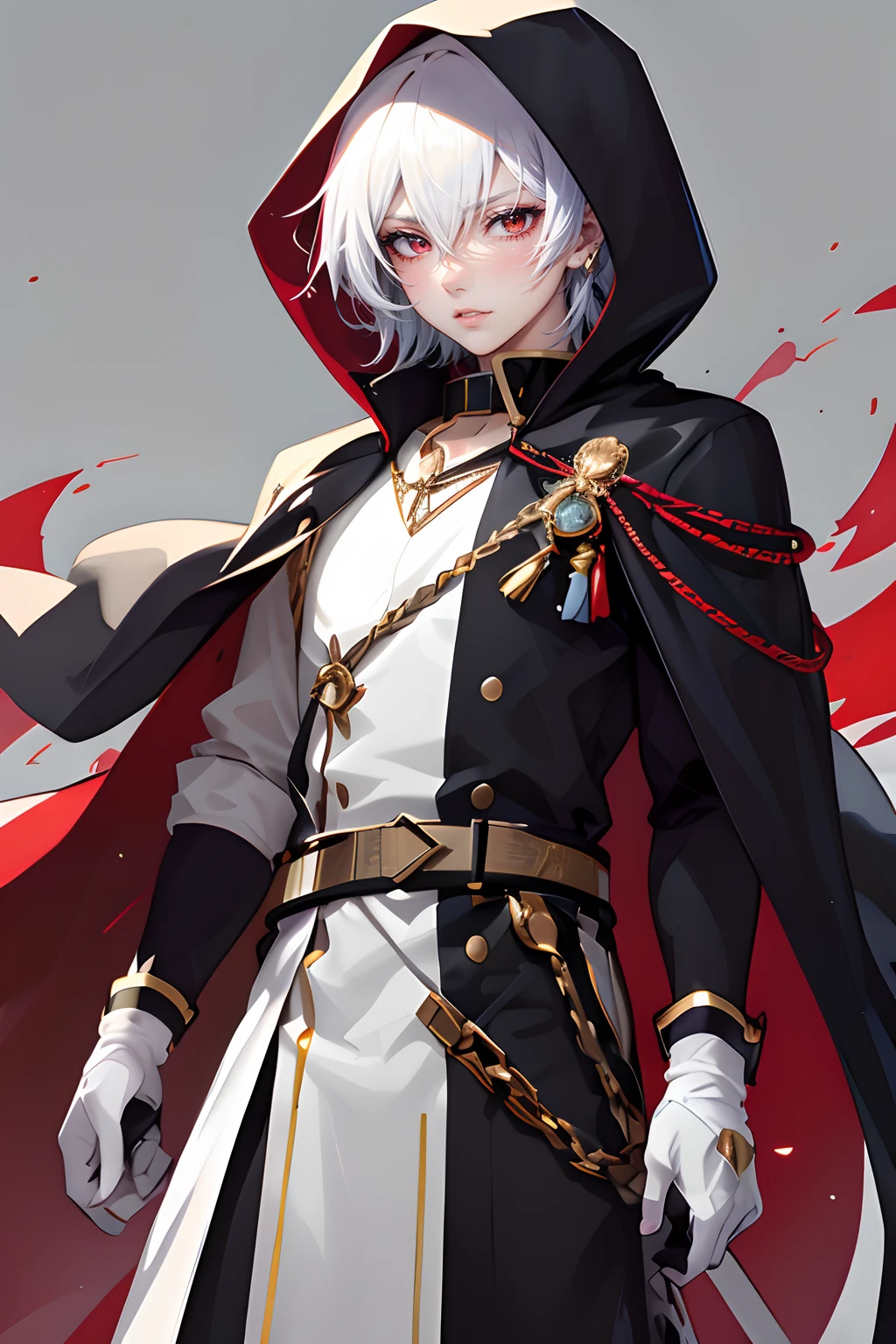 Personaje de anime vestido de blanco y negro con capa roja y espada, ojos rojos, inexpresivo, rostro varonil, Arte clave del anime, Arte Zerochan, Keqing de Genshin Impact, Tendencias en ArtStation Pixiv, Personaje de Genshin Impact, Arte detallado del personaje de anime, Genshin, Arte de anime clave detallado, Hermoso dios masculino de la muerte, con capa, Mejor fondo de pantalla de Anime 4K Konachan