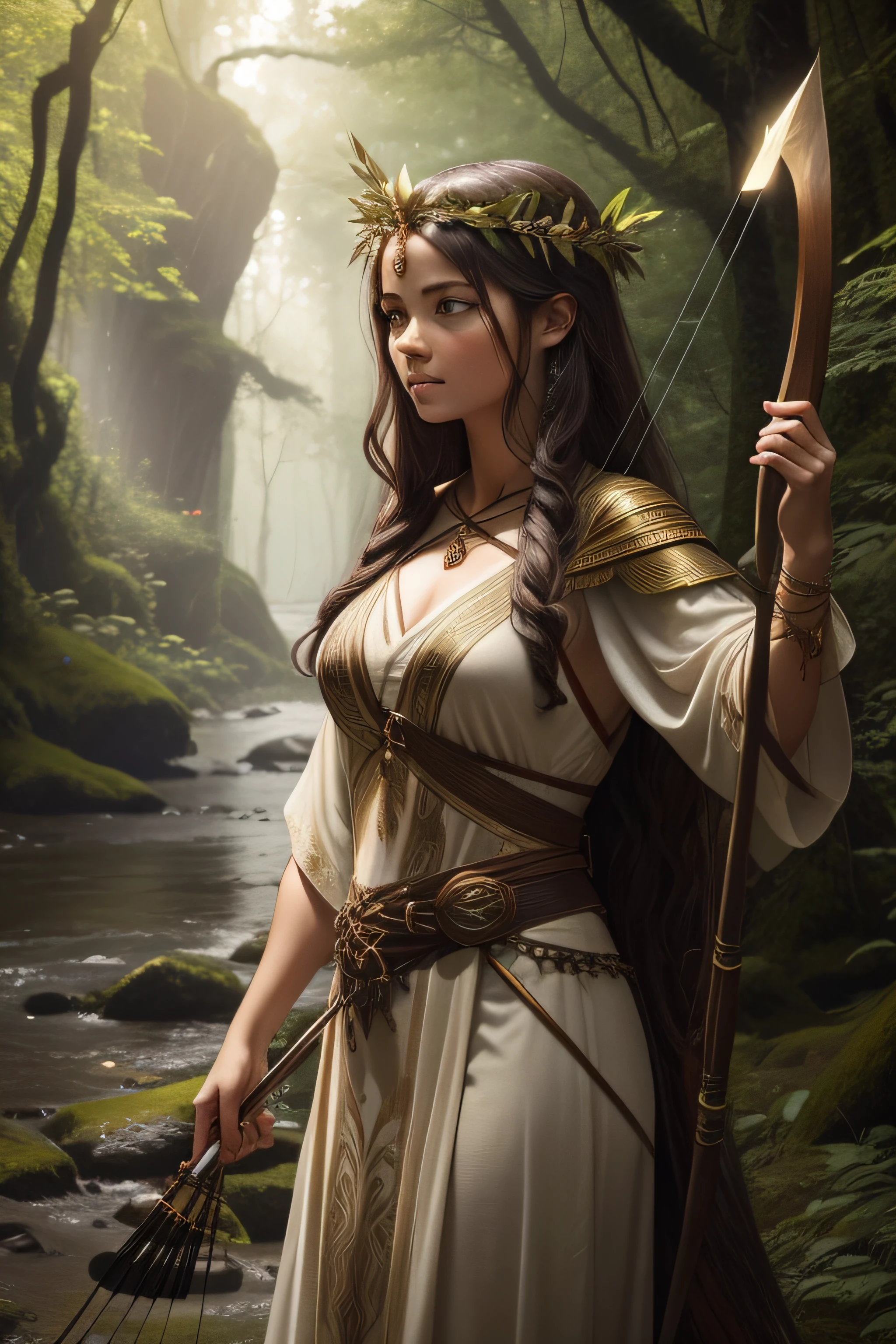 Imagine Artemis, the Goddess of the Hunt, in "Heir of Wine and Flames." Picture her amidst a lush forest, her presence harmonizing with nature. She wears clothing made of natural materials, blending seamlessly with her surroundings. Show her holding a bow and arrows, poised as if ready to take a shot. Her eyes should reflect her connection to the wild and her unwavering determination. Capture the essence of her untamed spirit and her affinity for the wilderness.