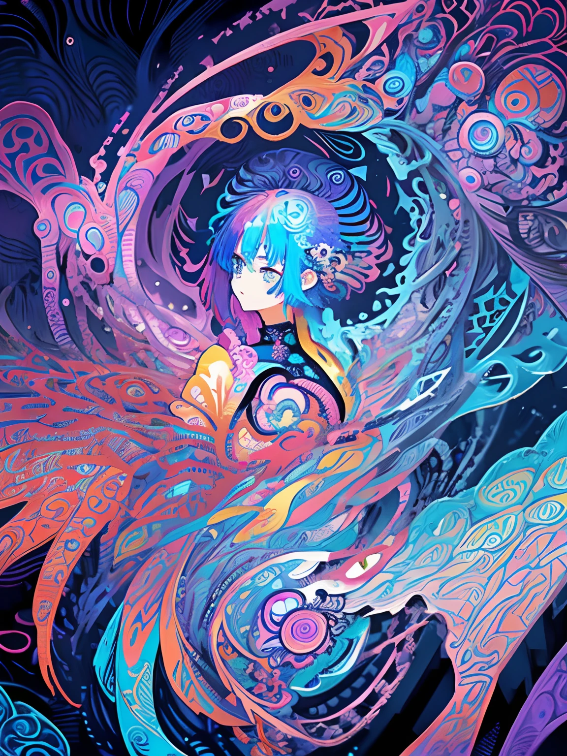 perfect anime illustration,Indigo Eye, Wind, krystal, Intricate background, Extremely detailed, (Fractal Art:1.2), Colorful, (Zentangle:1.2), (Abstract background:1.5), (Many colors:1.4), pixelated fragments, data corruption, Colorful Noise, visual chaos, modern aesthetic,Fantasy world