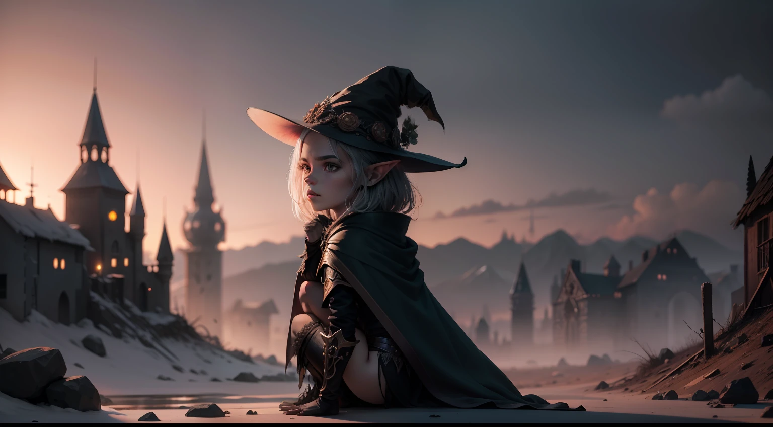 Goblin witch wearing intricate cape and leather armor in a desolate and destroyed fantasy village, fearsome, dramatic, olhos detalhados, cintura para cima, medium shot, obra-prima de melhor qualidade, fotorrealista, detalhado, 8k, HDR, profundidade de campo rasa, luz ampla, alto contraste, retroiluminação, flor, chromatic aberration, foco nítido, foto de cor RAW