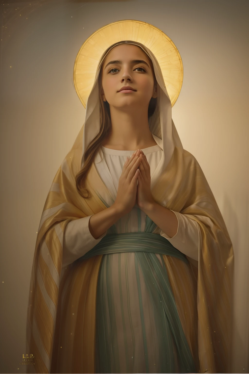 ((Blessed Virgin Mary. 19 years old))) ((( Con una cara seria y piadosa. Con una mirada dulce y tierna))) (obra maestra, calidad superior, mejor calidad, arte oficial, beautiful and aesthetic: 1.2), (1girl), extremadamente detallado, (Arte fractal: 1.3), colorido, highest detailed, Cara perfecta, parte superior del cuerpo, HDR, (orando: 1.3), (golden lines of white coat: 1.2), galaxia, (rayas de luz), eye-catching visuals, (dynamic stripes, senderos luminosos: 1.2), colores vibrantes,