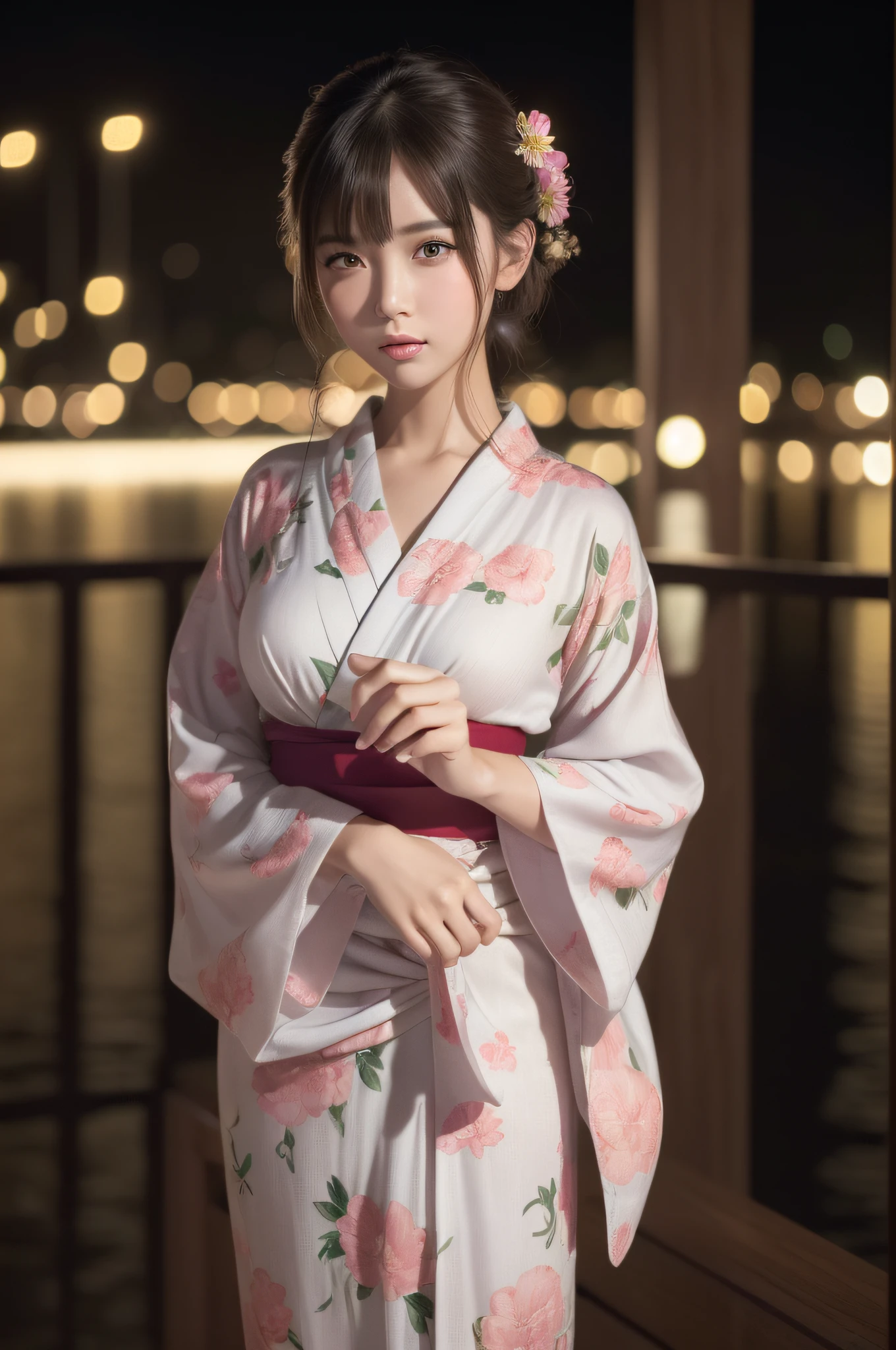 (photorealistic:1.4), ((Best quality, 8k, Masterpiece :1.3)), raw photo, 1girl, Pretty girl, (yukata), she came to see the fireworks display, (random hairstyles), Ultra-detailed face, (full body:1.3), wide angle, dynamic angle, cinematic angle, Detailed eyes, (natural hand), ((Natural eyes and mouth))