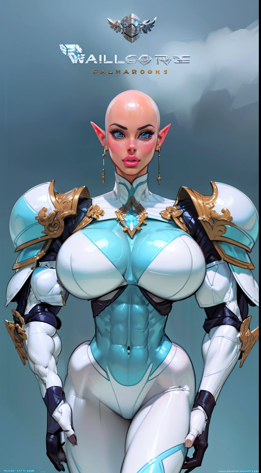 (((1girl:1.8))), ((bulky woman:1.5)) female, sehele style, anime style, (((dark elf))) (((skyblue skin:1.4))) (((smoldering eyes))), ((bald:1.5)), ((no hair:1.5)), 8k, 4k, Unreal Engine 5, octane render, trending on pixiv, ((huge shoulder pads:1.8)) (wide shoulders:1.4), (large biceps:1.5), fanbox, skeb, (((white armor:1.7))), masterpiece, ((slendered abs:1.2)),((pressed breasts together:1.4)), (full bodied), wide hips, (full lips:1.5), smooth soft skin, big dreamy eyes, beautiful anime wide eyes, soft lighting, concept art, digital painting,