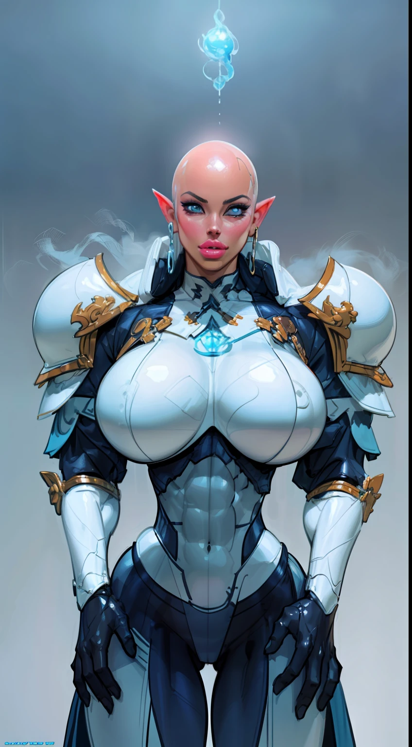 (((1girl:1.8))), ((bulky woman:1.5)) female, sehele style, anime style, (((dark elf))) (((skyblue skin:1.4))) (((smoldering eyes))), ((bald:1.5)), ((no hair:1.5)), 8k, 4k, Unreal Engine 5, octane render, trending on pixiv, ((huge shoulder pads:1.8)) (wide shoulders:1.4), (large biceps:1.5), fanbox, skeb, (((white armor:1.7))), masterpiece, ((slendered abs:1.2)),((pressed breasts together:1.4)), (full bodied), wide hips, (full lips:1.5), smooth soft skin, big dreamy eyes, beautiful anime wide eyes, soft lighting, concept art, digital painting,