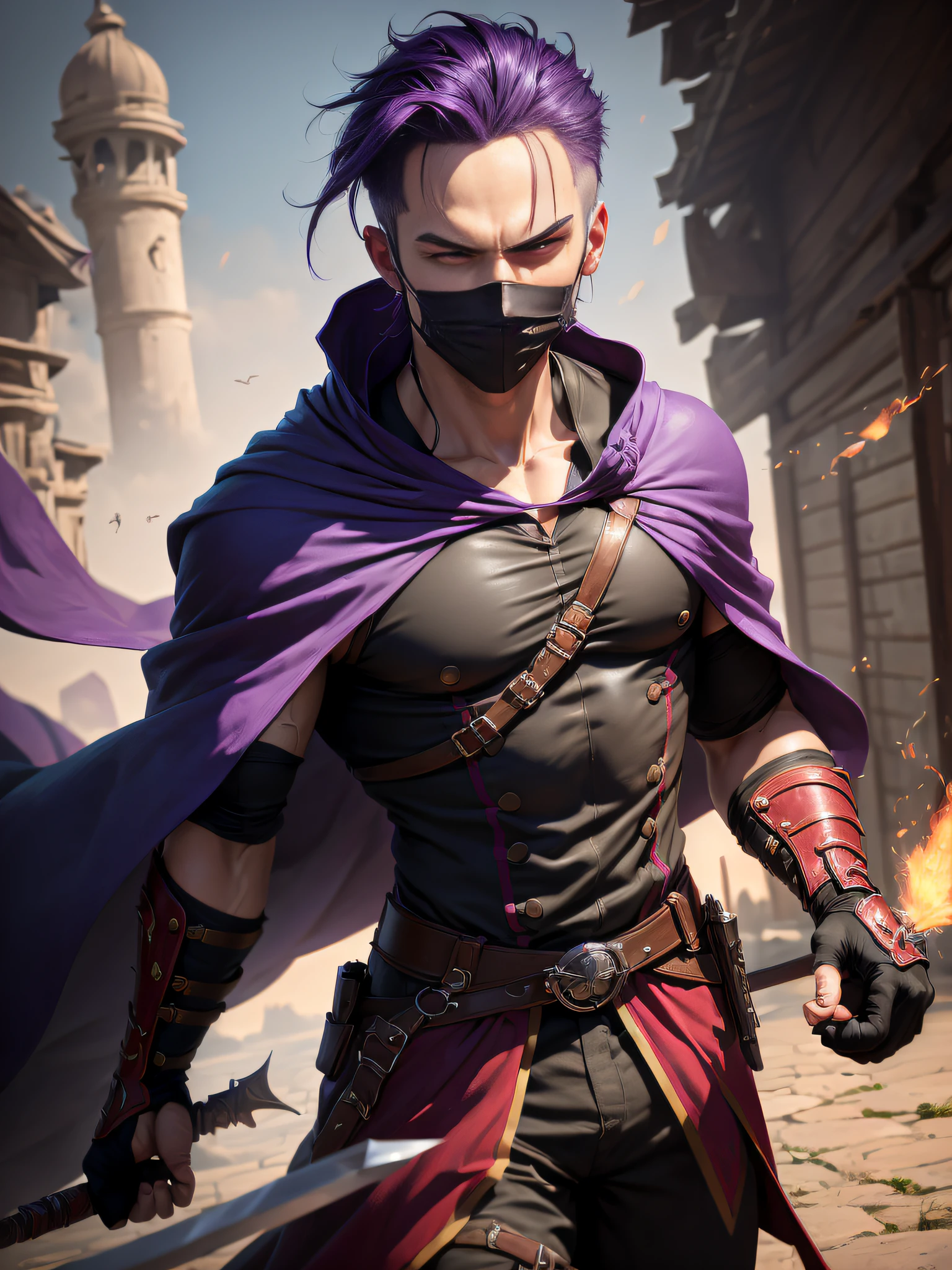 (((masutepiece, Best Quality, ultra-detailed))), (Male talented assassin, solo, fighting in dynamic action, Unapproachable vibe, expressionless, Serious, Perfect fingers, Perfect hands, Looking down to Viewer), 35 years old, (Medieval assassin costume, long assassin cloak, mouth mask, back hand), Medieval secret guild as background, midnight, darkness, tense air, From above, Dynamic Angle, Purple hair, Very short hair, Male face, villain's face, Forehead, male eyebrows, Male Eyes, sharp nose, adam's apple, (red sharp eyes), Red pupils glowing,
