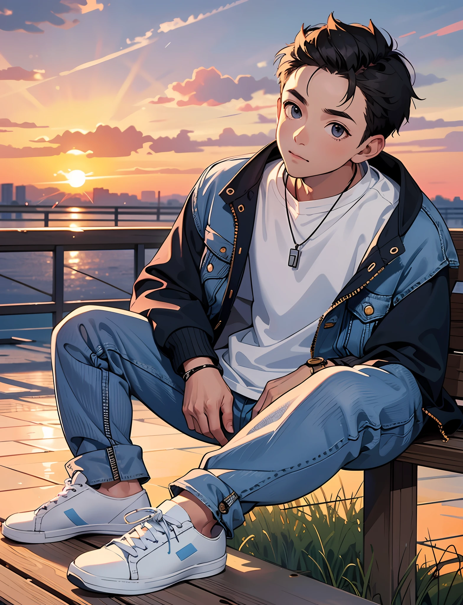 A young boy with，Wear a denim jacket，Wear sneakers，With a necklace，Wrist watch，Sit on a wooden bench on the side of the road，Look at the clouds in the sky，Pedestrians shuttling，Sunset and sunset，Close-up full body photo，Ultra-high definition