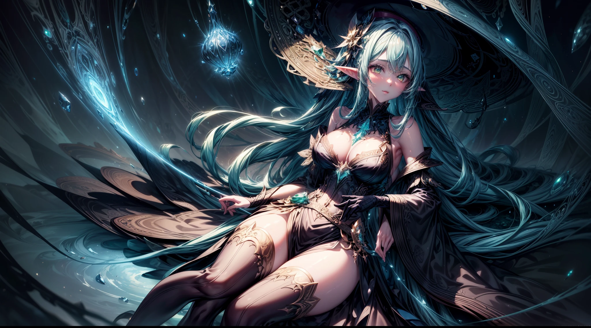 elf girl in light evening dress and skirt with hat, magic lights, silk, fur, (stockings), decollete, natural breasts, slim body, zettai ryouiki, medium length hair, (beautiful detailed bright emerald eyes), portrait, (beautiful and aesthetic:1.2, fractal art:1.4), most realistic, highest quality, best quality, Detailed, Realistic, 4k highly detailed digital art, octane render, bioluminescent, (cool_color), best pixels, 8k ultra