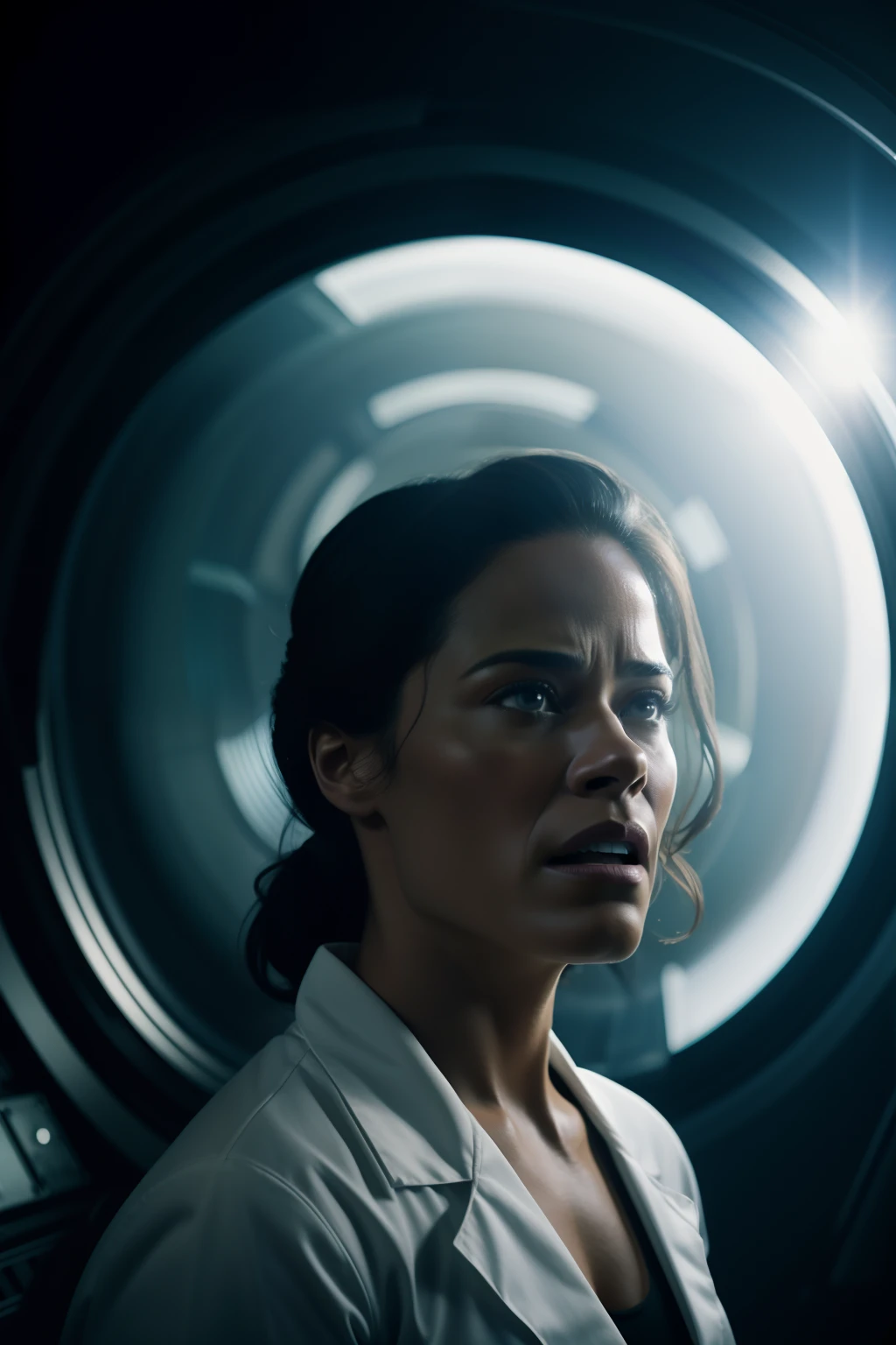 Sci Fi Horror terrified Paula patton as a scientist working on Haunted Ishimura Space Ship photography, natural light, photorealism, cinematic rendering, ray tracing, the highest quality, the highest detail, Cinematic, Third-Person View, Blur Effect, Long Exposure, 8K, Ultra-HD, Natural Lighting, Moody Lighting, Cinematic Lighting
