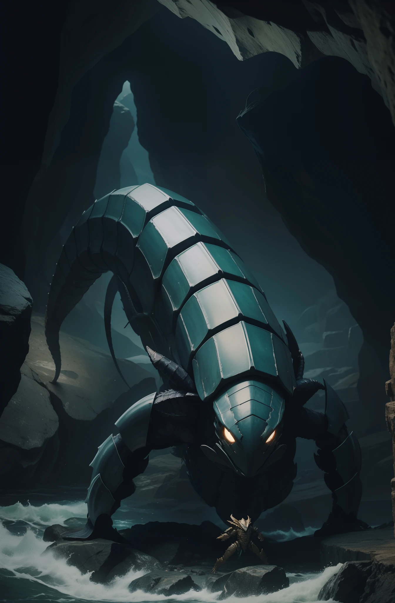sea scorpion, natural armor, in the dark and gloomy cave