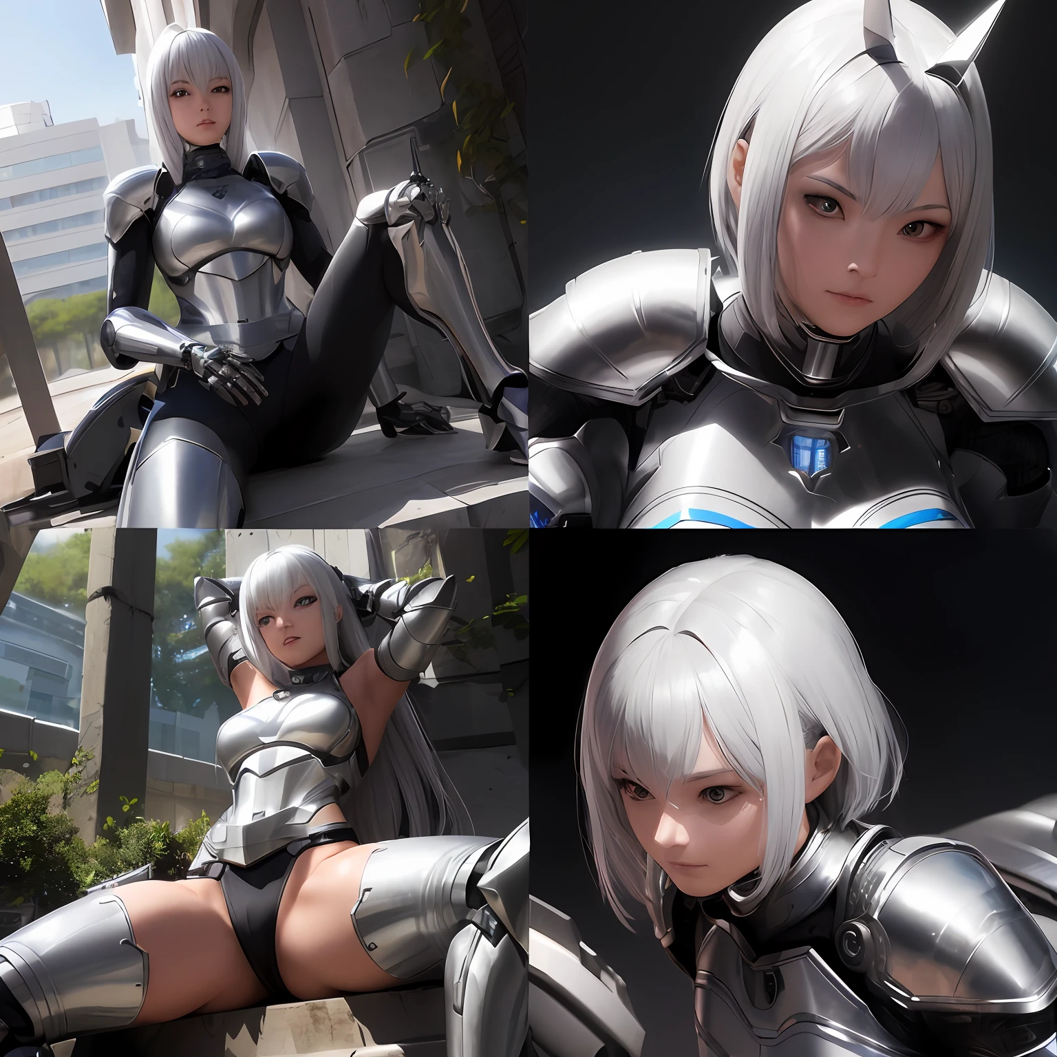 Photo of woman in futuristic suit, Armor Girl, sakimichan hdri, with sleek silver armor, 3 D rendering character art 8 K, Realistic anime 3 D style, cyborg - girl with silver hair, with sleek silver metal armor, bikini armor female knight, girl in mecha cyber armor, skintight silver armor