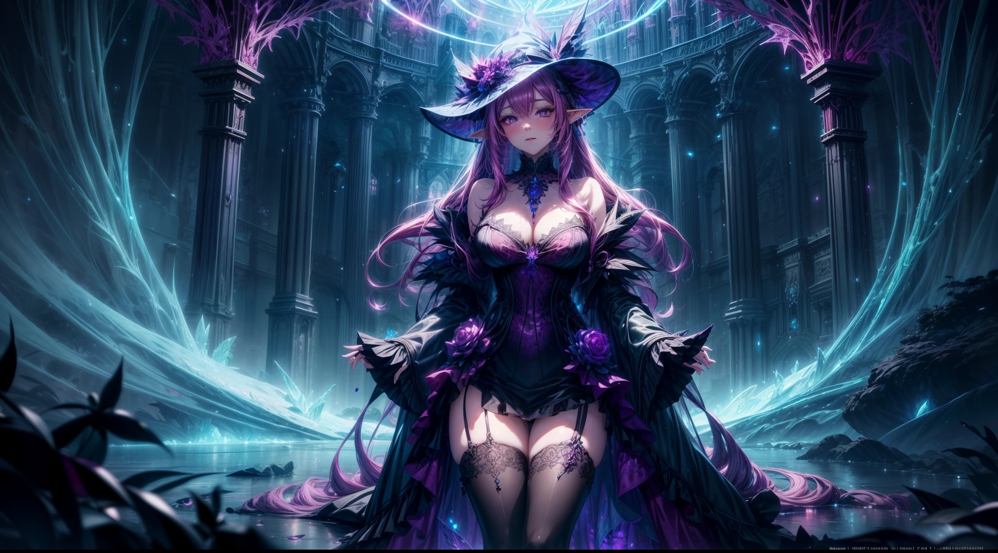 magenta elf demon witch girl in light evening dress and skirt with hat, magic lights, silk, fur, (stockings), decollete, natural breasts, slim body, zettai ryouiki, medium length hair, (beautiful detailed bright emerald eyes), portrait, (beautiful and aesthetic:1.2, fractal art:1.4), most realistic, highest quality, best quality, Detailed, Realistic, 4k highly detailed digital art, octane render, bioluminescent, (cool_color), best pixels, 8k ultra