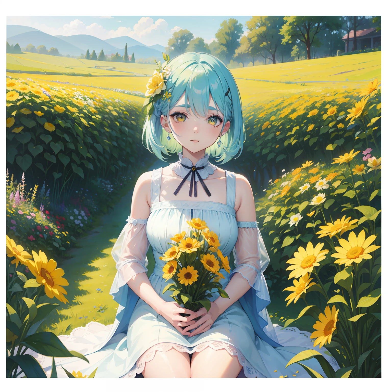 Woman with pastel hair sitting in flower garden、27yo、sharp eyebrows、big eye、Dark eyelashes、Yellow-based makeup、Wearing a dress、Pastel flower garden background(colourfull:1.1)、(Supreme details)、(Highest image quality 8K)、Watercolor painting