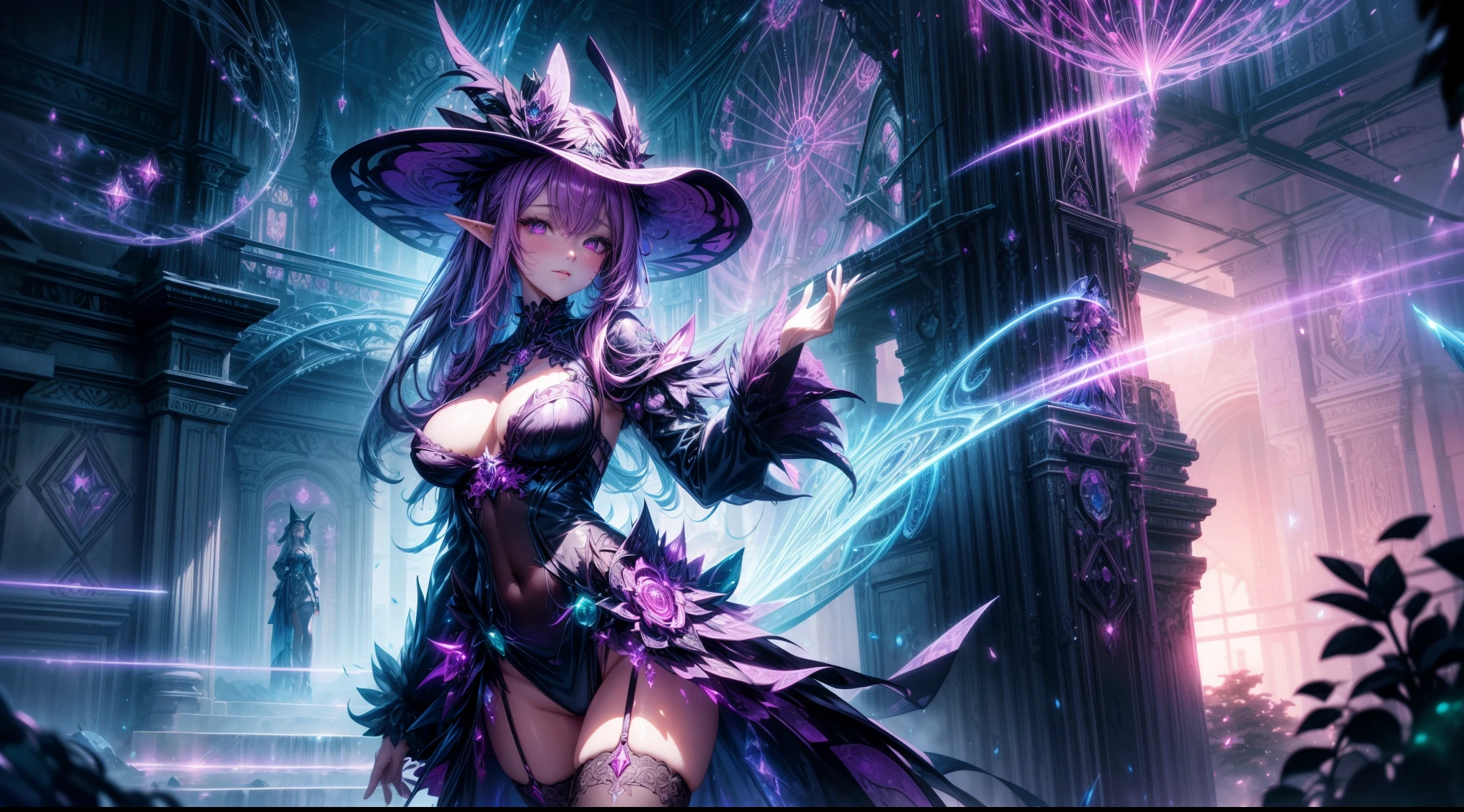 magenta futuristic elf demon witch girl in light evening dress and skirt with hat, magic lights, silk, fur, (stockings), decollete, natural breasts, slim body, zettai ryouiki, medium length hair, (beautiful detailed bright emerald eyes), portrait, (beautiful and aesthetic:1.2, fractal art:1.4), most realistic, highest quality, best quality, Detailed, Realistic, 4k highly detailed digital art, octane render, bioluminescent, (cool_color), best pixels, 8k ultra