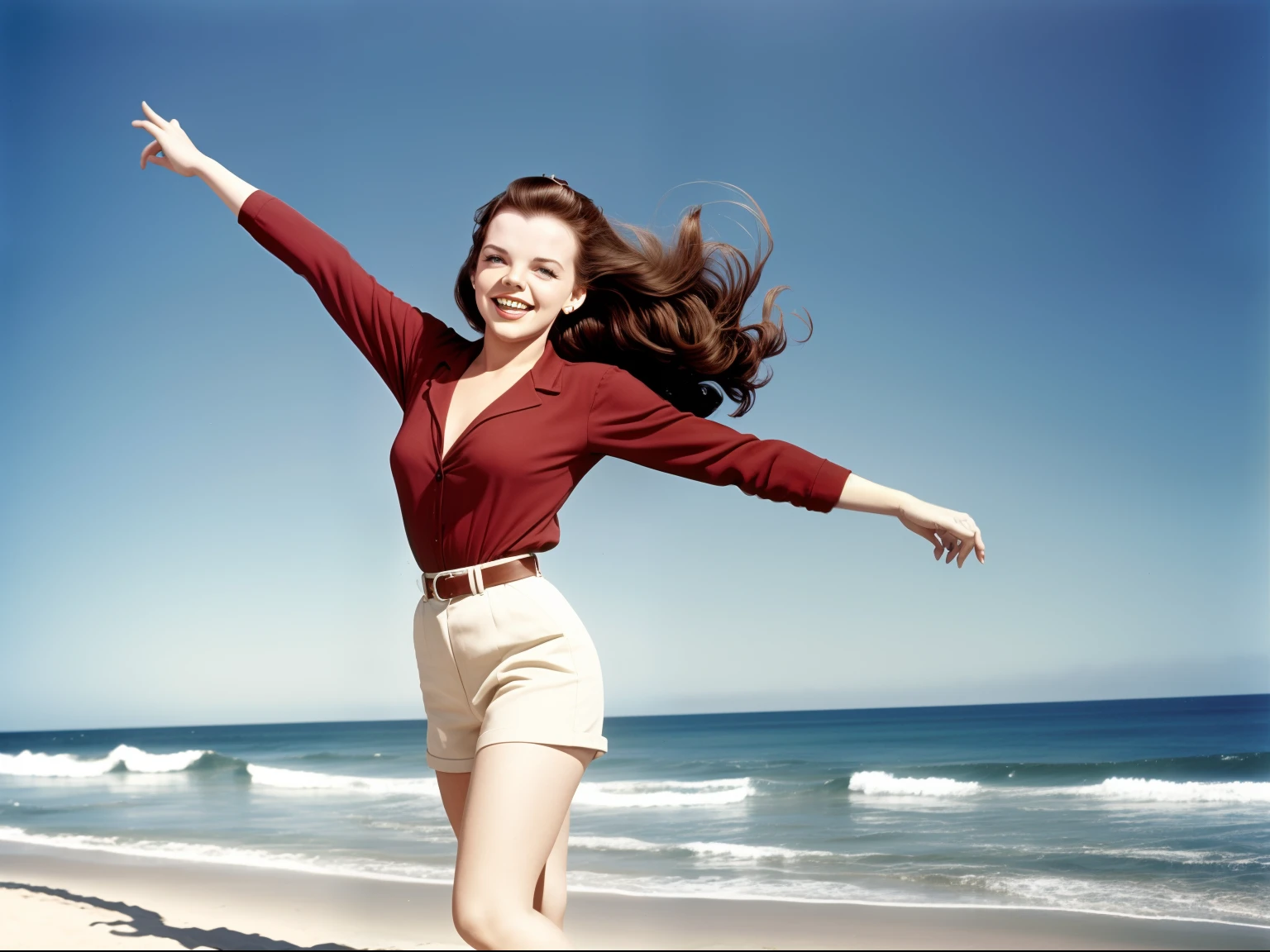 Judy Garland at 22 in 1944, very happy and beautiful, her long hair dancing in the wind, a beautiful summer day on the beach in California, in full color.