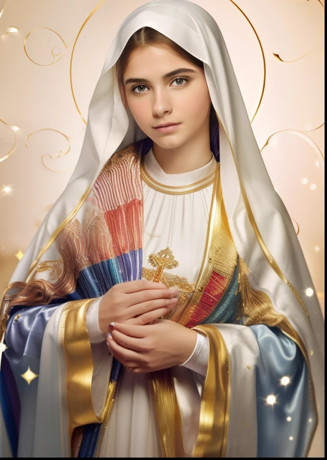 ((Blessed Virgin Mary. 19 years old))) ((( Con una cara seria y piadosa. Con una mirada dulce y tierna))) (obra maestra, calidad superior, mejor calidad, arte oficial, beautiful and aesthetic: 1.2), (1girl), extremadamente detallado, (Arte fractal: 1.3), colorido, highest detailed, Cara perfecta, parte superior del cuerpo, HDR, (orando: 1.3), (golden lines of white coat: 1.2), galaxia, (rayas de luz), eye-catching visuals, (dynamic stripes, senderos luminosos: 1.2), colores vibrantes,
