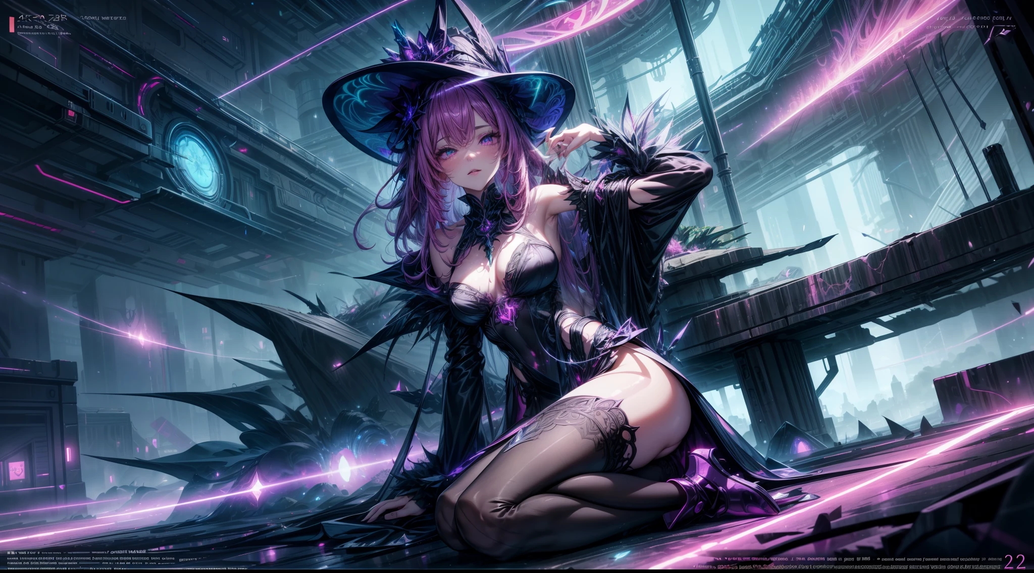 magenta futuristic elf demon witch girl in light evening dress and skirt with hat, magic lights, futurism, cyberpunk, laying, silk, fur, (stockings), decollete, natural breasts, slim body, zettai ryouiki, medium length hair, (beautiful detailed bright emerald eyes), portrait, (beautiful and aesthetic:1.2, fractal art:1.4), most realistic, highest quality, best quality, Detailed, Realistic, 4k highly detailed digital art, octane render, bioluminescent, (cool_color), best pixels, 8k ultra